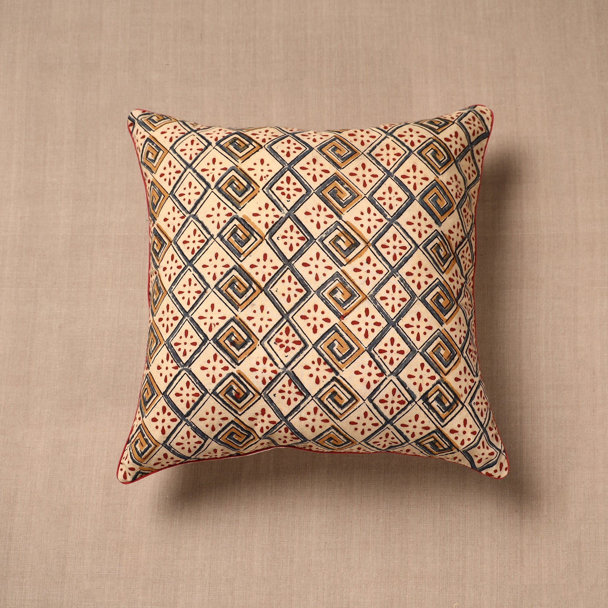 NOORI BAZAR Beige - Block Print Cotton Kalamkari Cushion Cover (16 x 16 in)