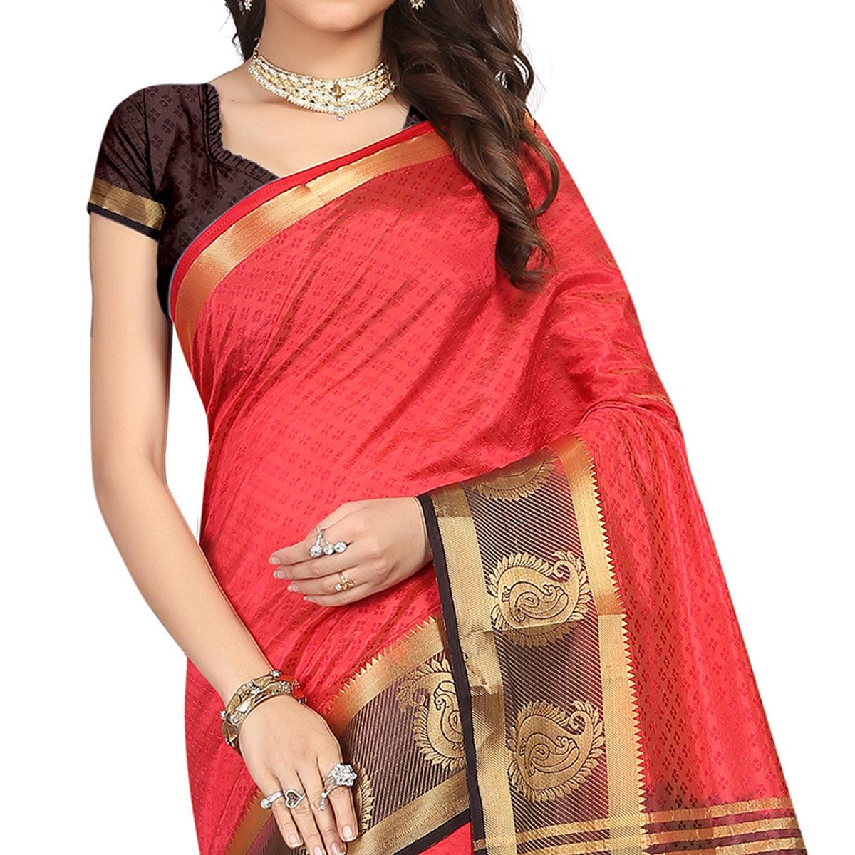 Peachmode Breathtaking Red Colored Festive Wear Woven Cotton Silk Saree - view 2