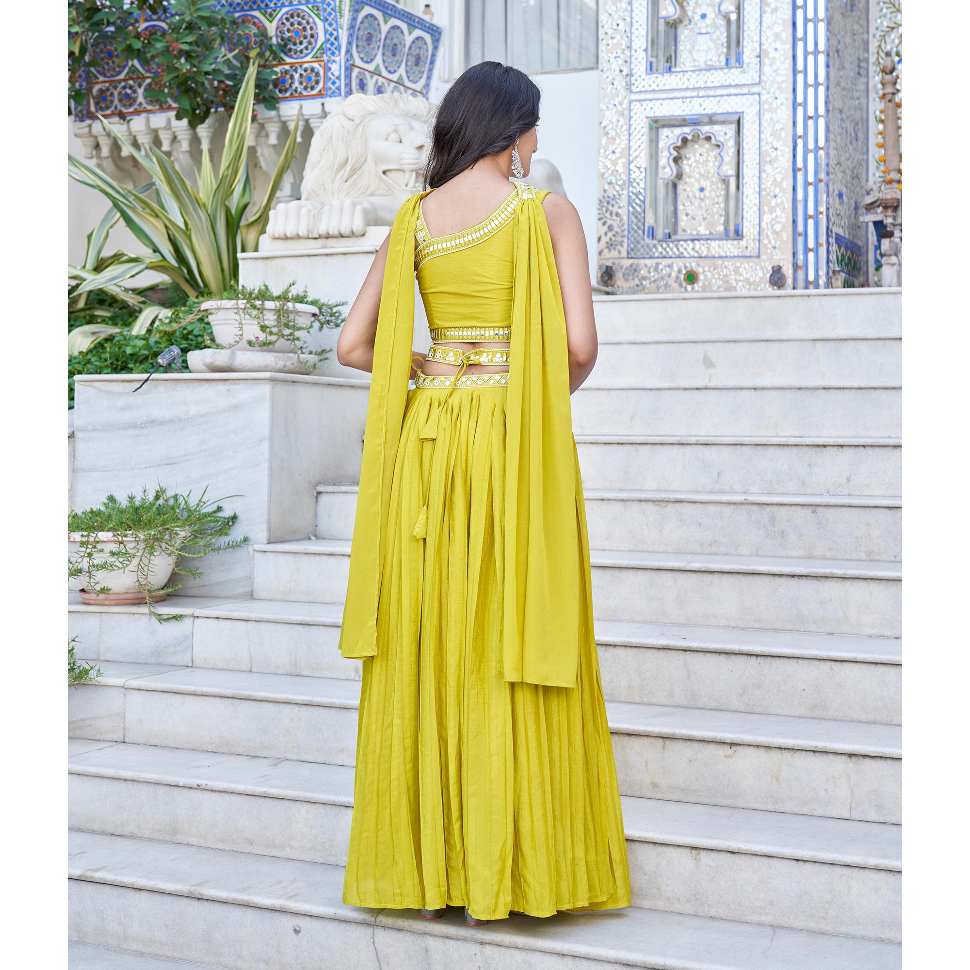 Peachmode Seller Lemon Green Embroidered Chiffon Plated Lehenga Choli - view 8