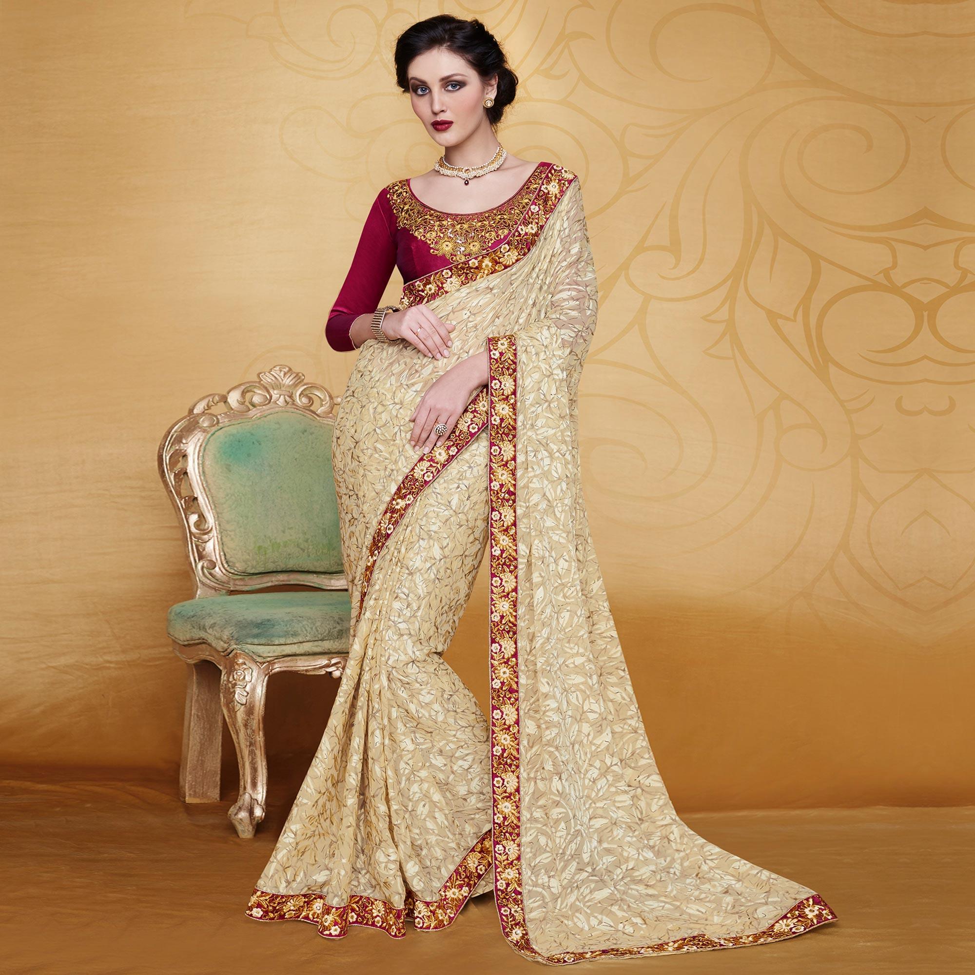 Peachmode Engrossing Beige Colored Partywear Embroidered Brasso Saree