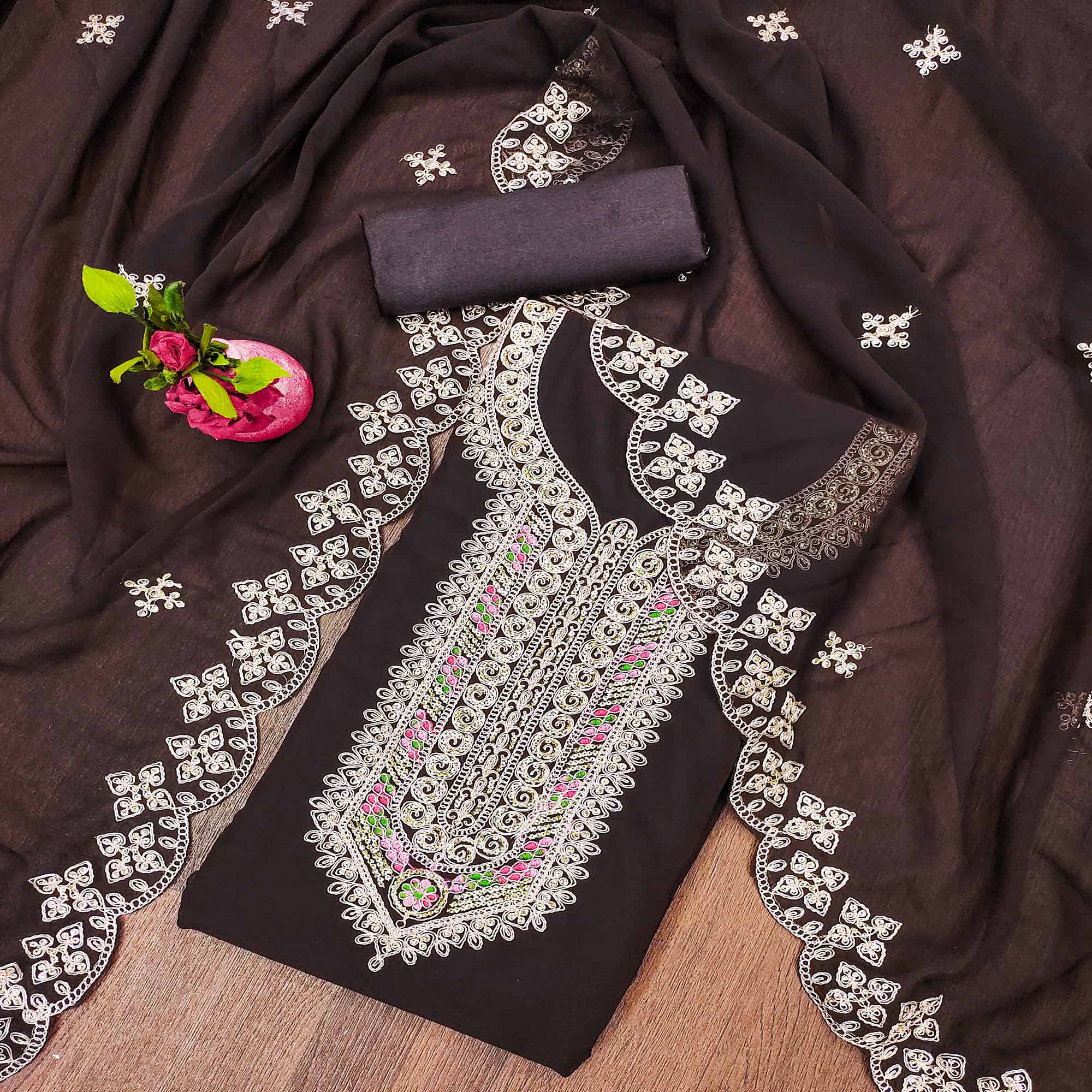 Peachmode Brown Floral Embroidered Georgette Dress Material