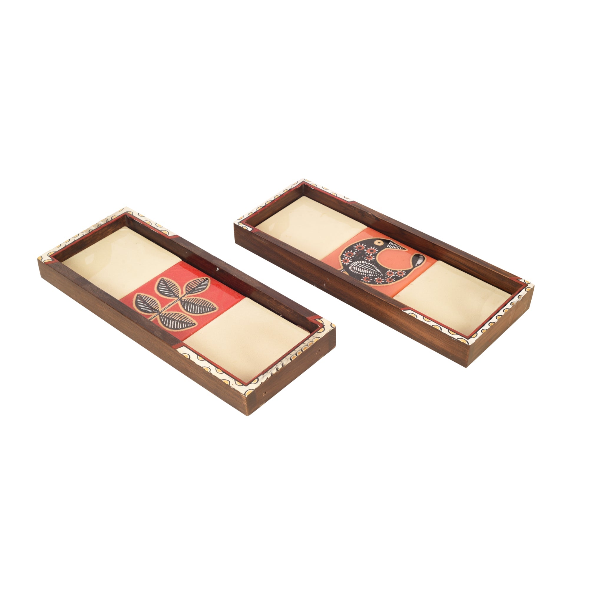 ART CREATIONS BY SUMAN SONTHALIA Beige - Mango Wood Handcrafted Mosaic Tray (Set of 2) - view 2