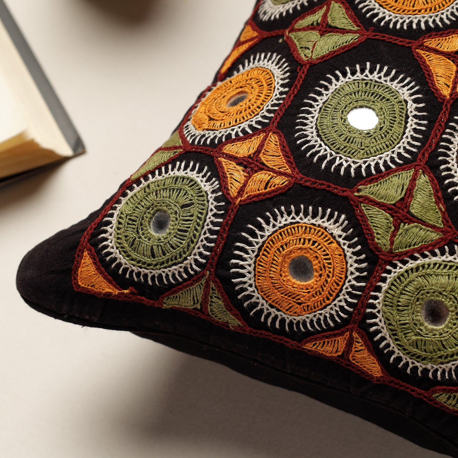 Black - Kala Raksha Rabari Hand Embroidery Cotton Cushion Cover (13 x 13 in) - view 2