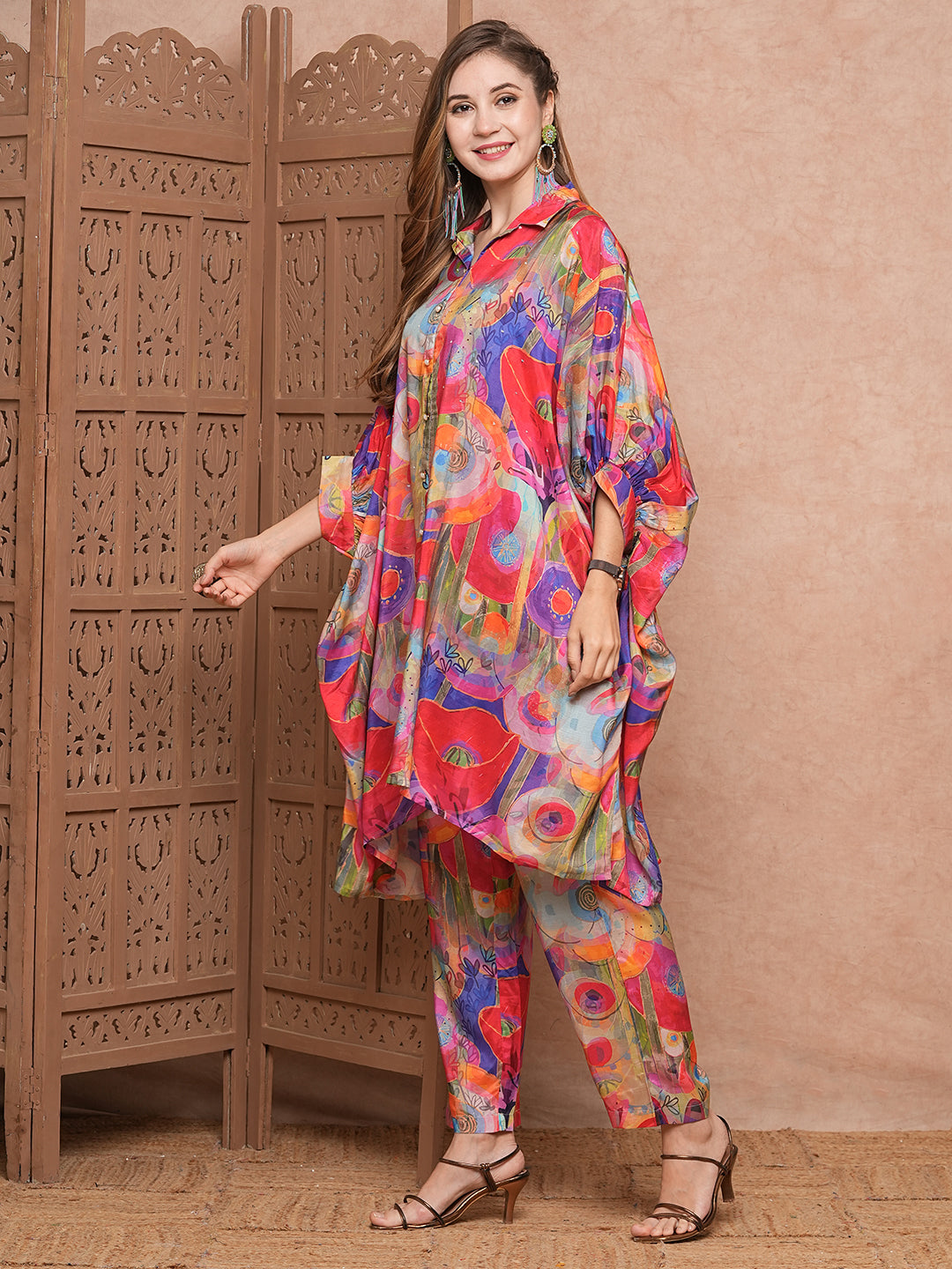 Fashor Abstract Printed Sequins Embellished Kaftan Style Kurta with Pants Co-ord Set - Multi