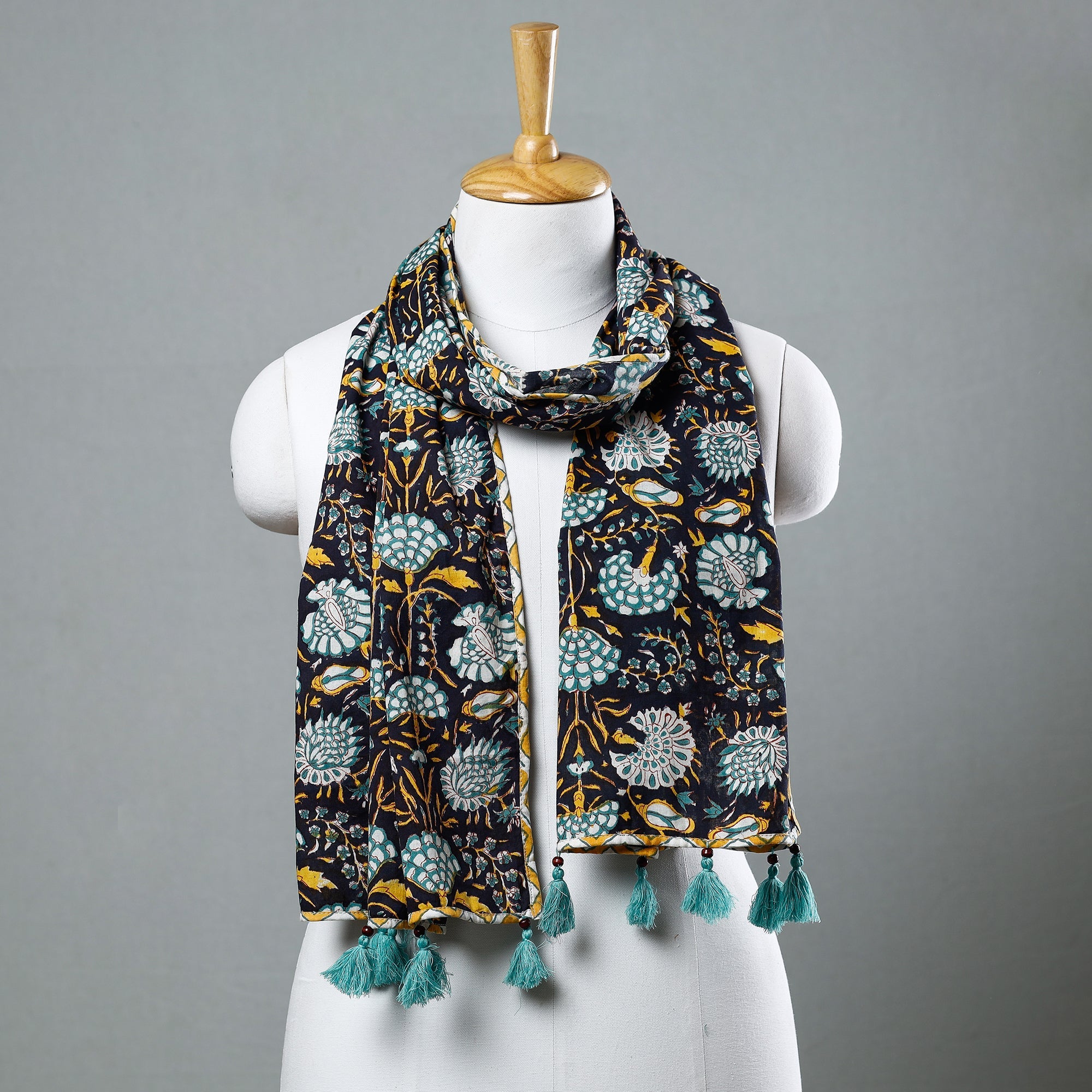 STOLES & SCARVES Black - Sanganeri Block Printed Cotton Stole with Tassels