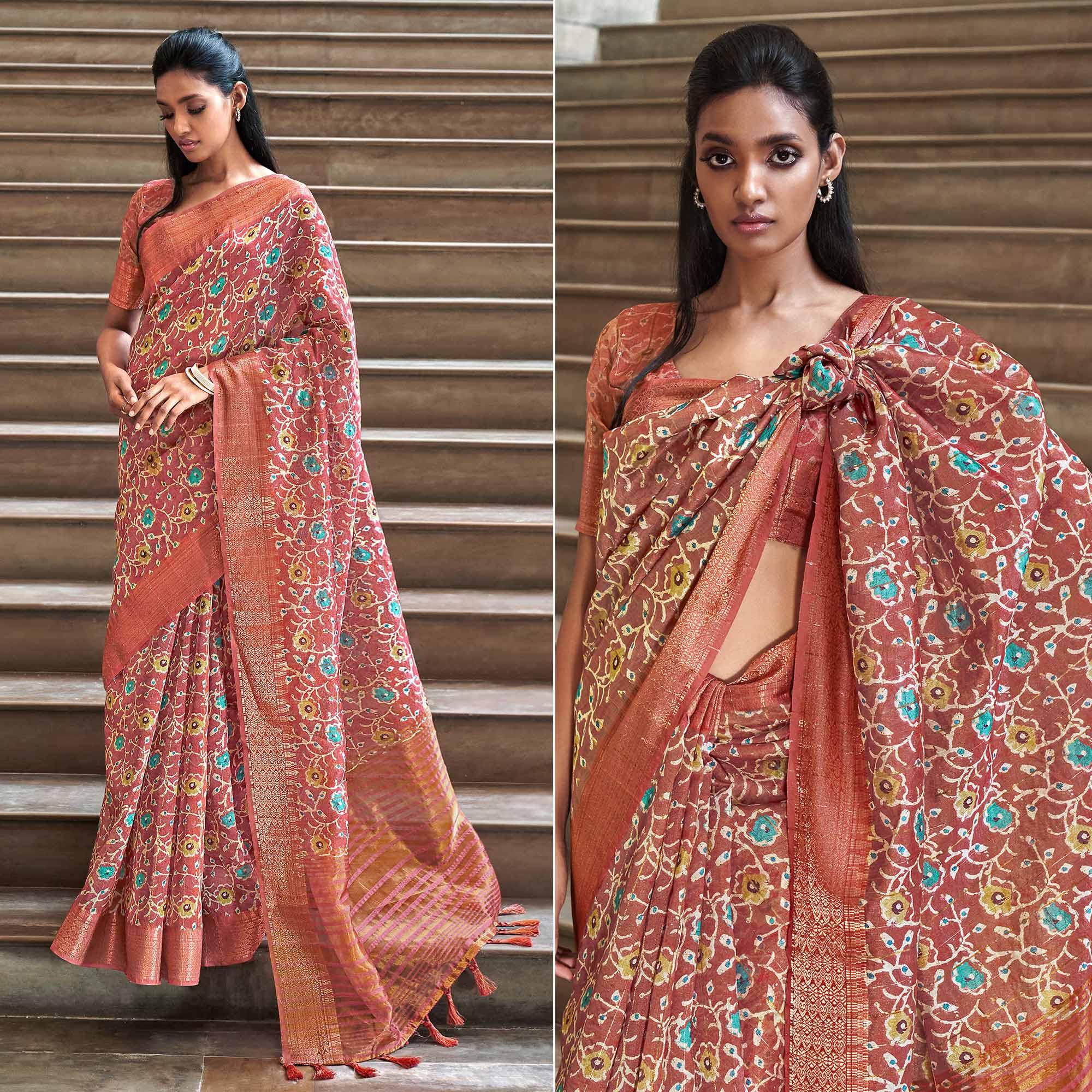 Peachmode Brown Digital Printed-Woven Art Silk Saree With Tassels