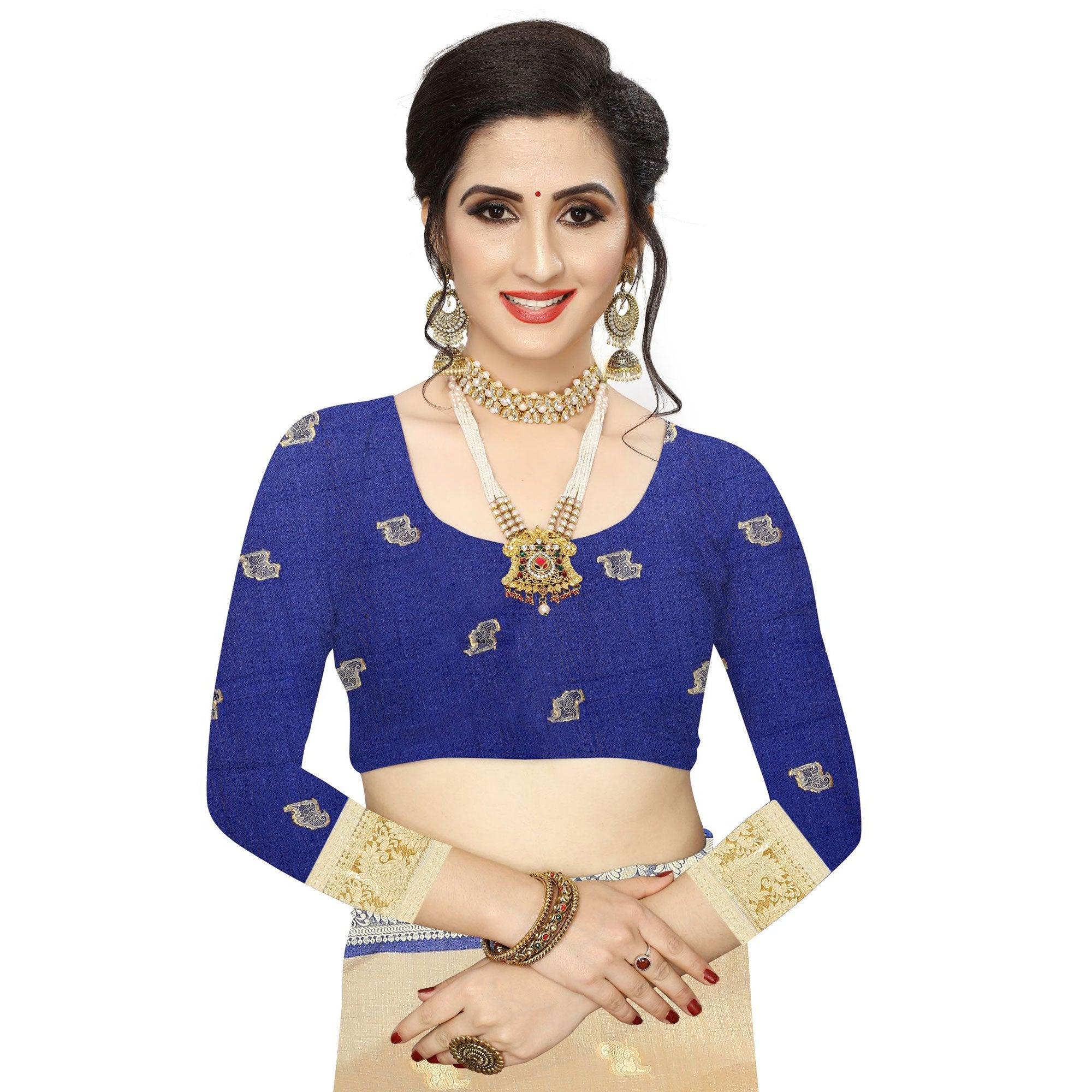 Peachmode Intricate Beige Colored Festive Wear Woven Vichitra Silk Saree - view 4