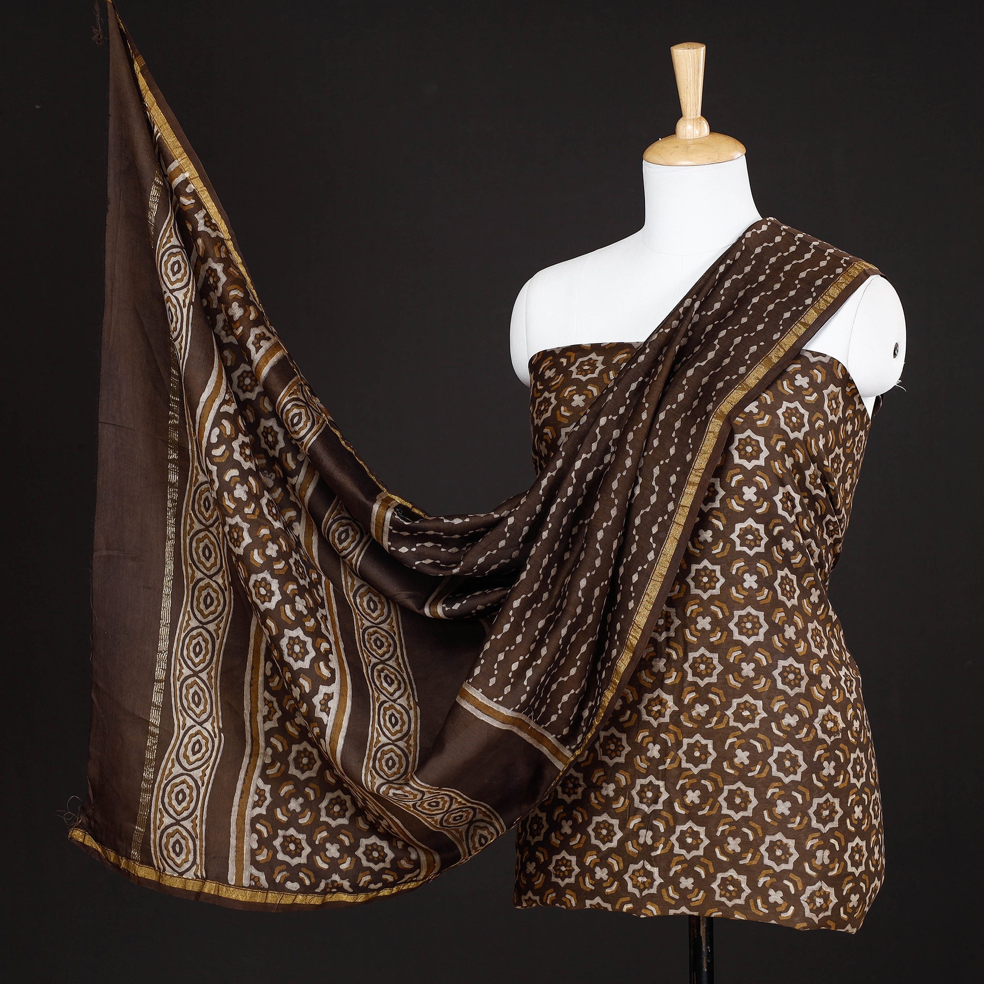 HAVELI CHRONICLES Brown - 3pc Akola Block Printed Chanderi Silk Suit Material Set