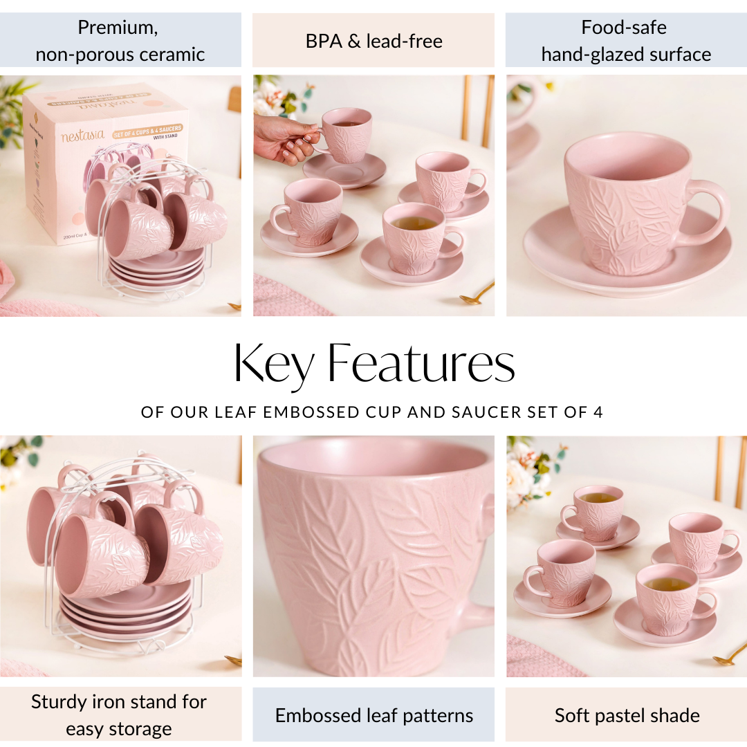 Nestasia Leaf Embossed Cup And Saucer Set Of 4 With Stand 240ml - view 6