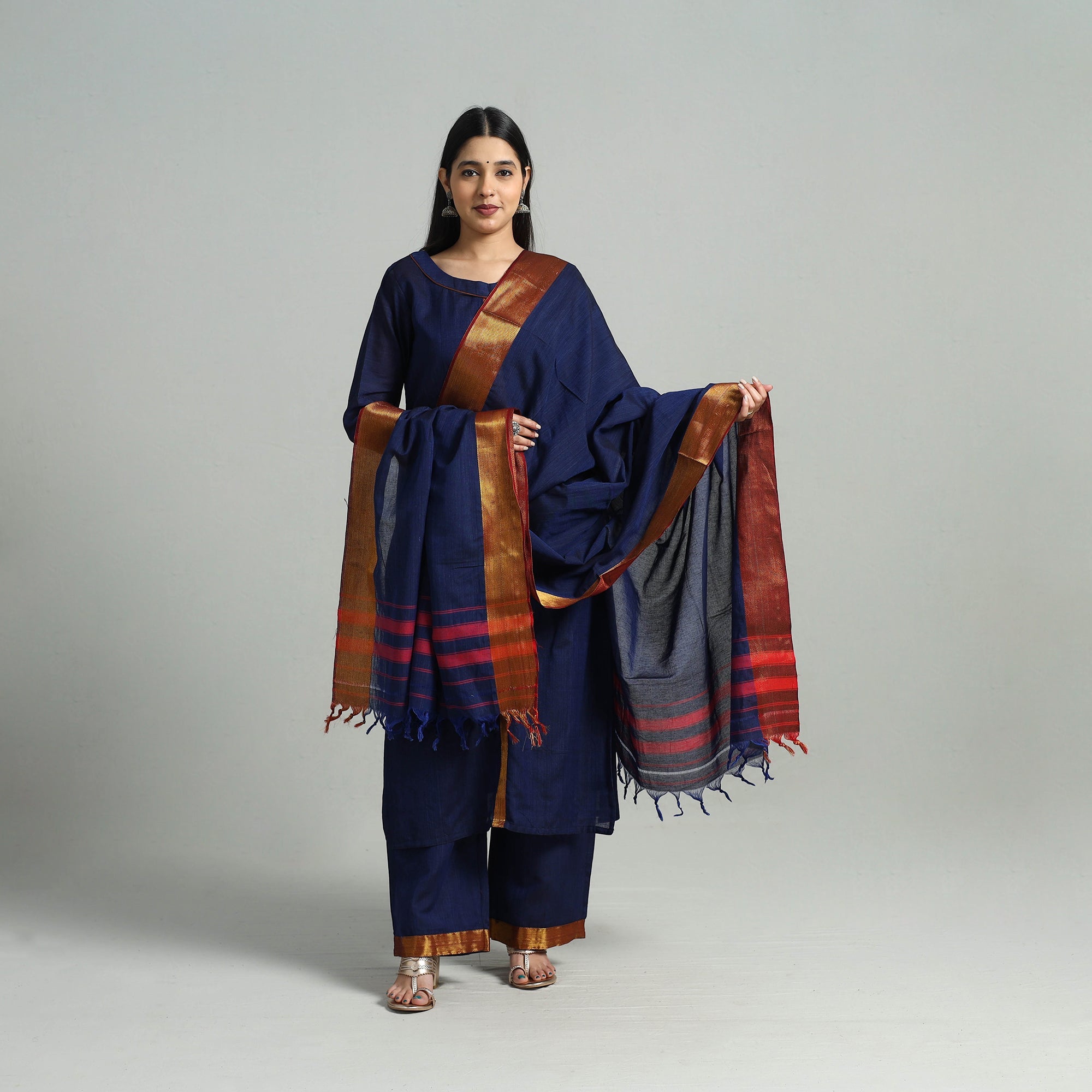 ITOKRI CASUALS Blue - Cotton Dharwad Kurta Set with Palazzo & Dupatta 11