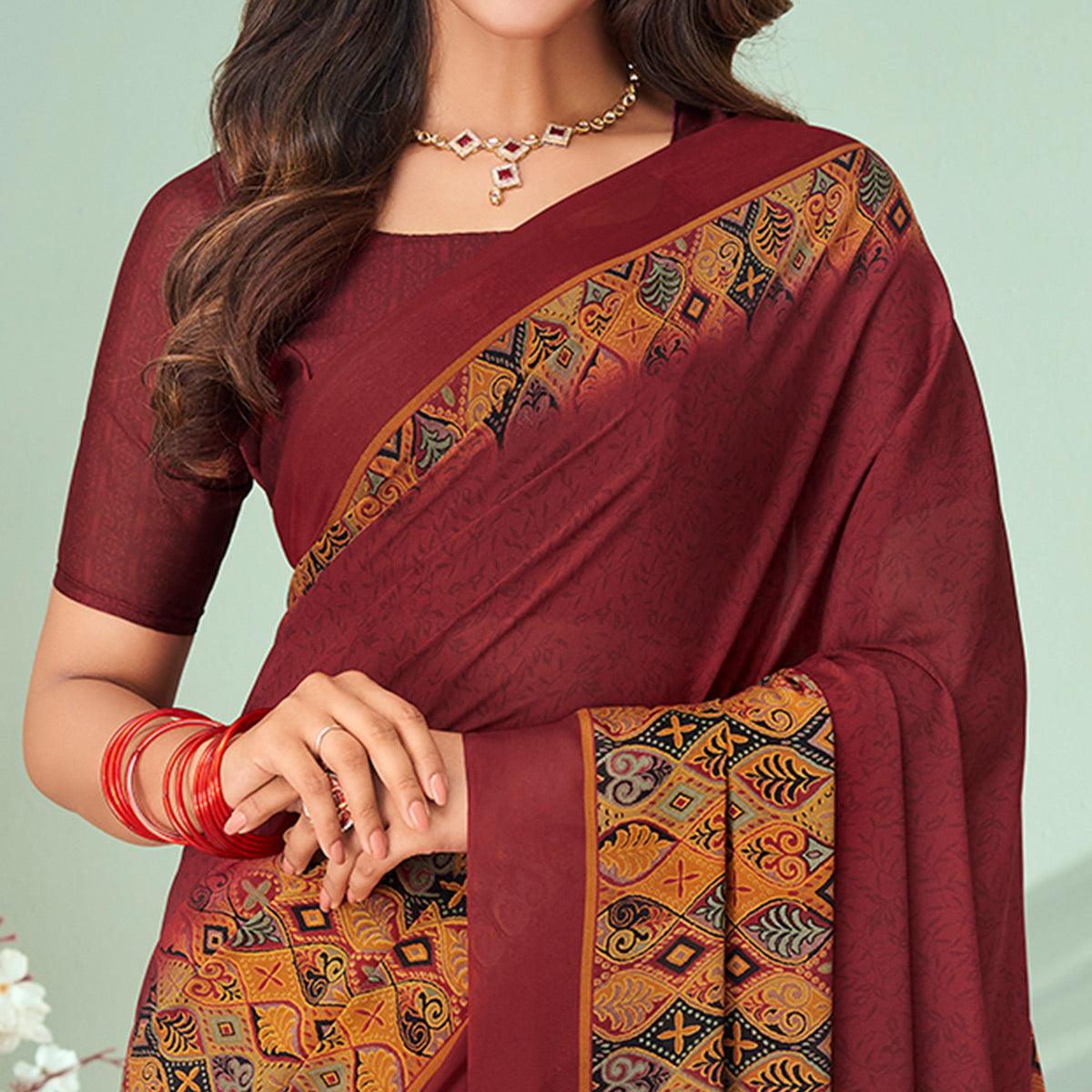 Peachmode Maroon Printed Raw Silk Saree – Women's - view 2