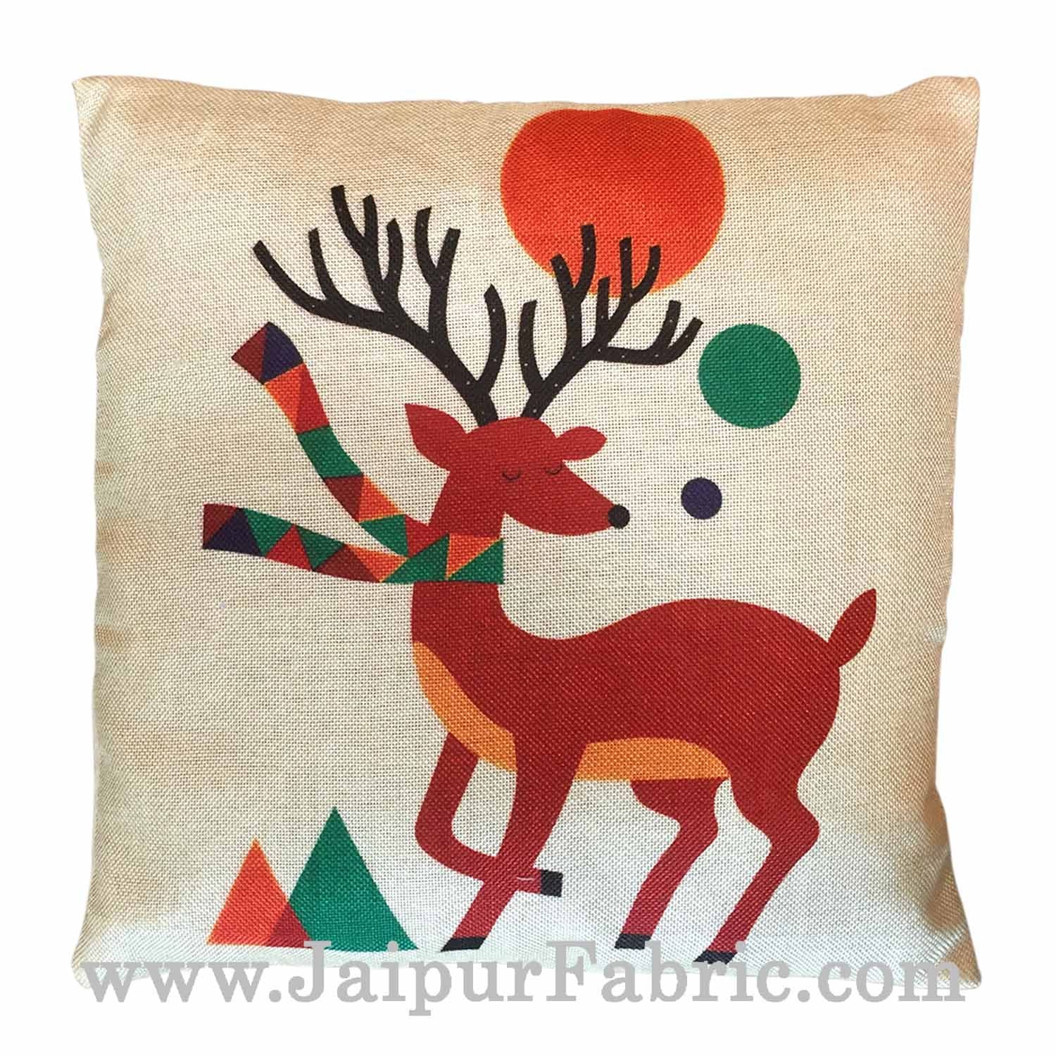 JaipurFabric® Jute Cushion Cover Digital Print Christmas Deer