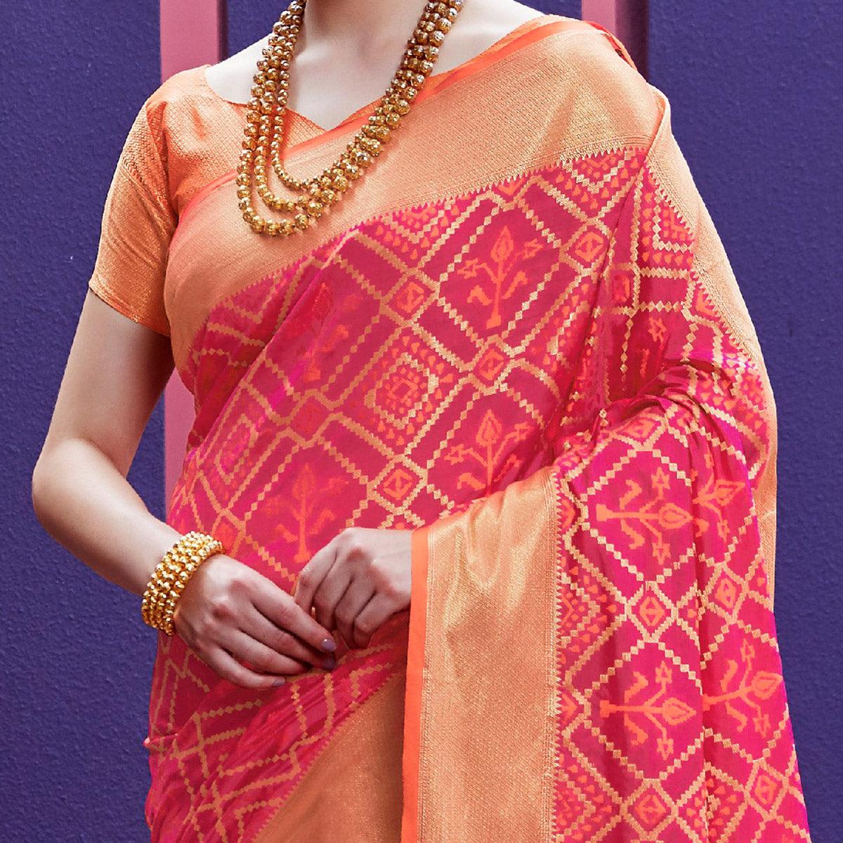 Peachmode Energetic Pink Colored Festive Wear Woven Indian Patola Silk Saree - view 3