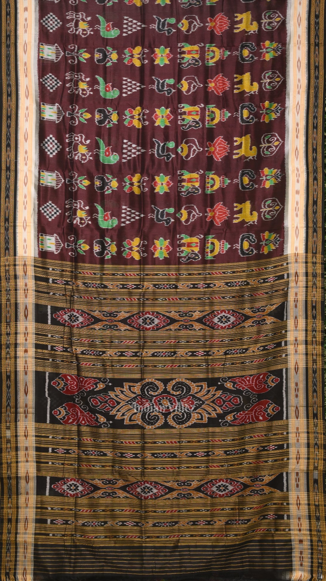 IndianVillèz Chocolate Brown Nabakothi Odisha Ikat Khandua Silk Saree