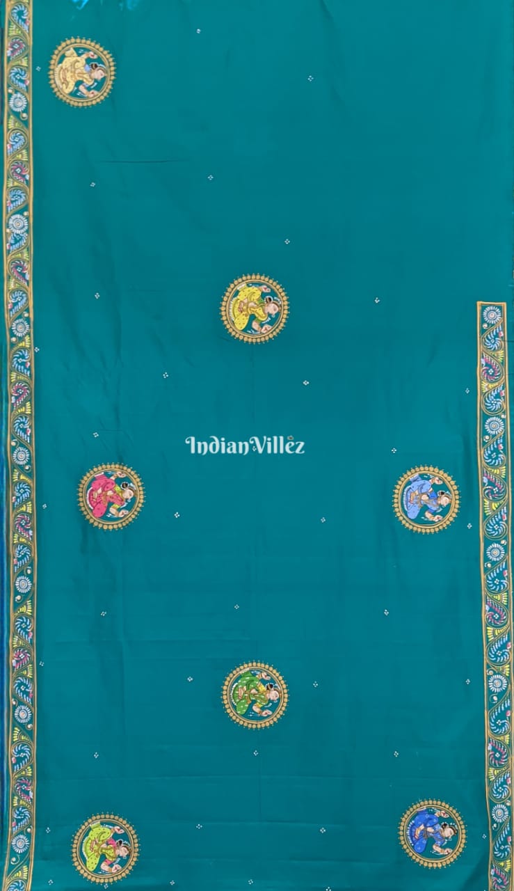 IndianVillèz Azure Blue Radha Krishna Hand-Painted Pattachitra Art Silk Saree - view 3