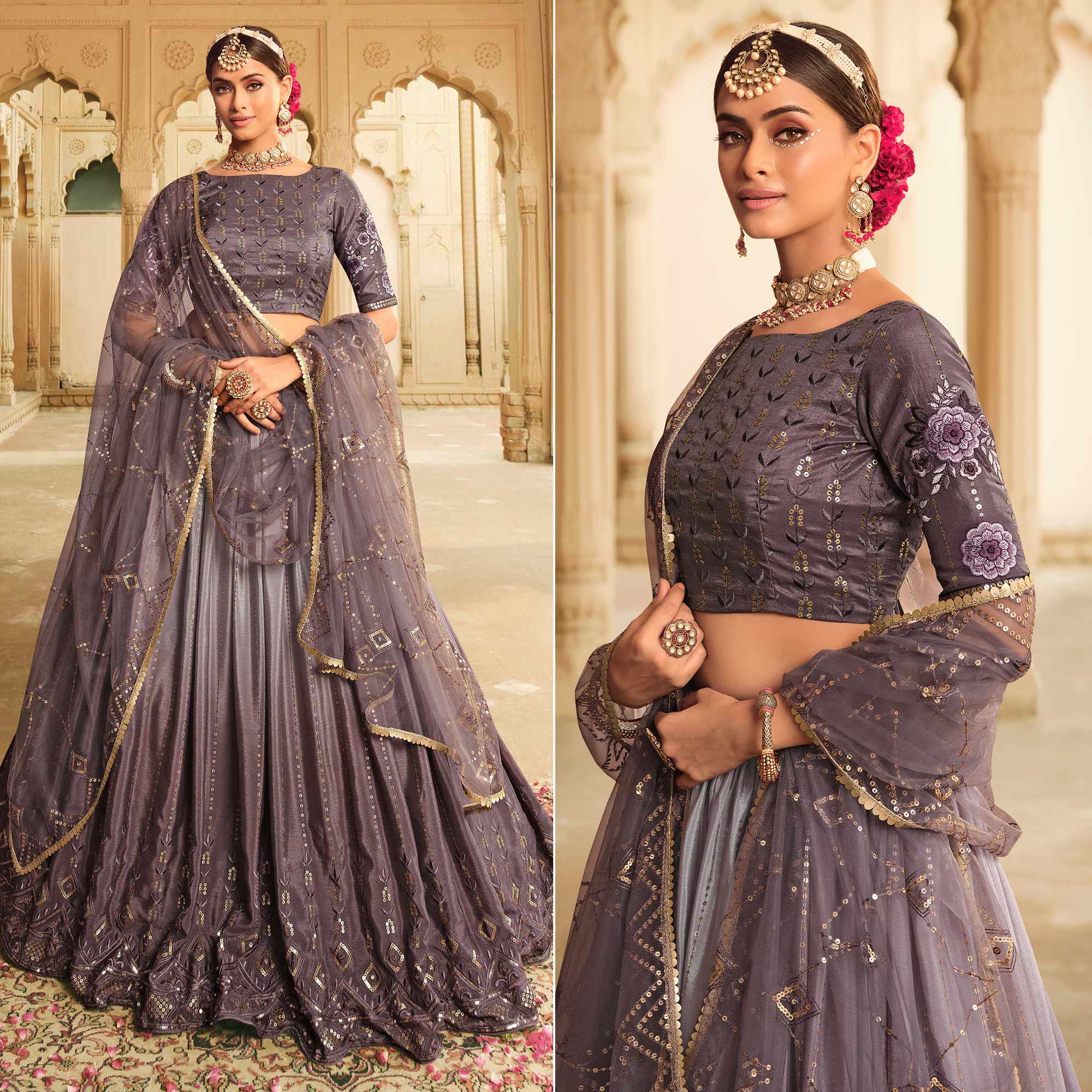Peachmode Dusty Grey Sequins Embroidered Art Silk Lehenga Choli