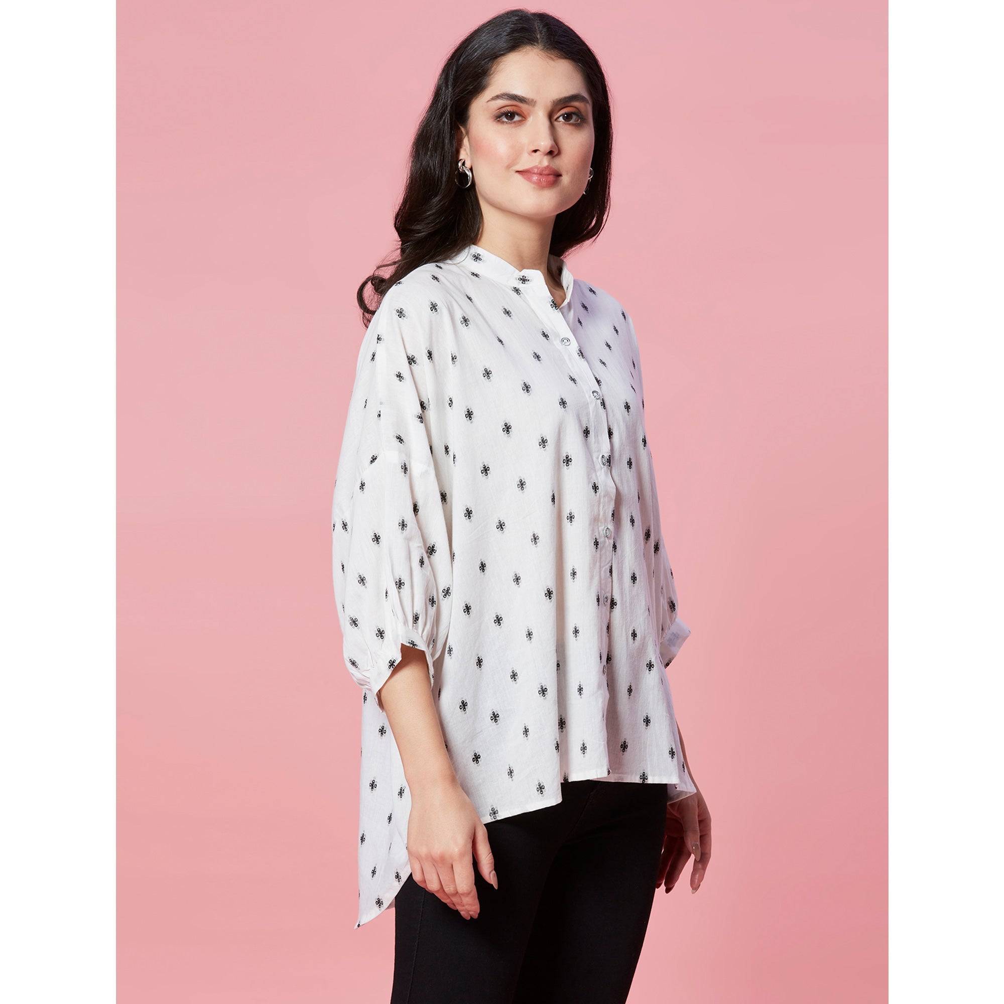 Peachmode White Jacquard Butti Woven Pure Cotton Kimono Top - view 5
