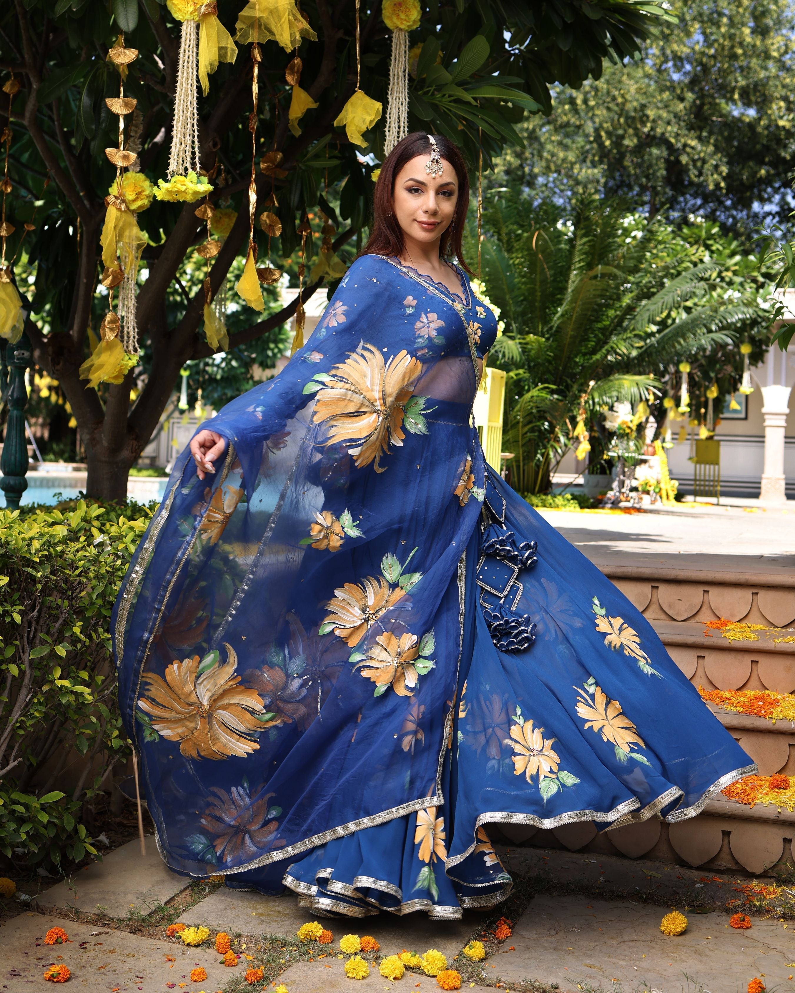 Aachho Madison Blue Handpainted Georgette Lehenga Set - view 2
