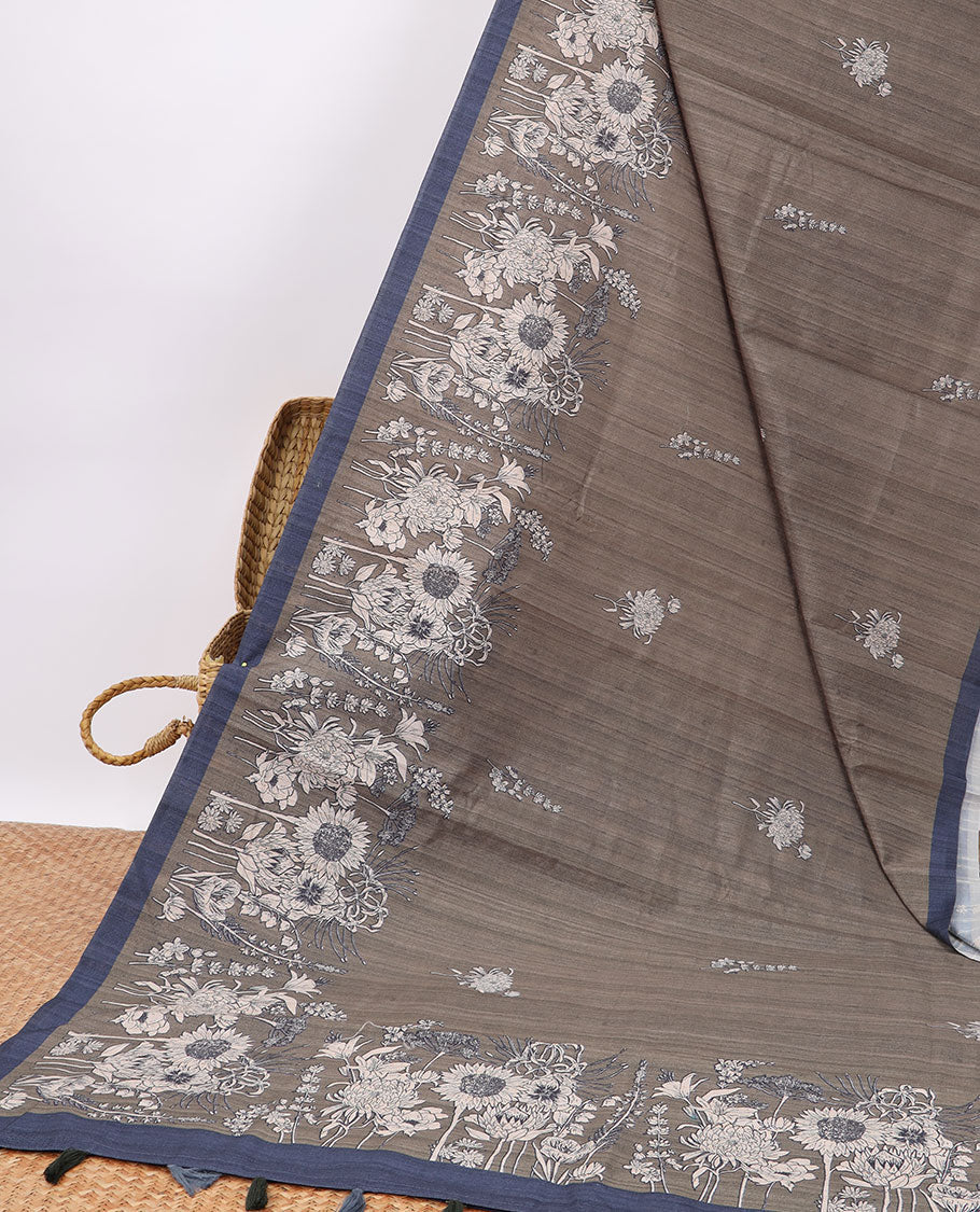 Pothys Brown floral digital printed semi-banaras tussar saree with contrast plain border