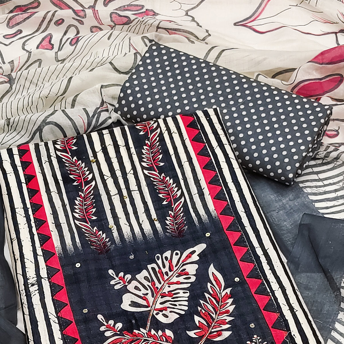 Peachmode Grey Striped Printed With Embroidered Pure Cotton Dress Material - view 2