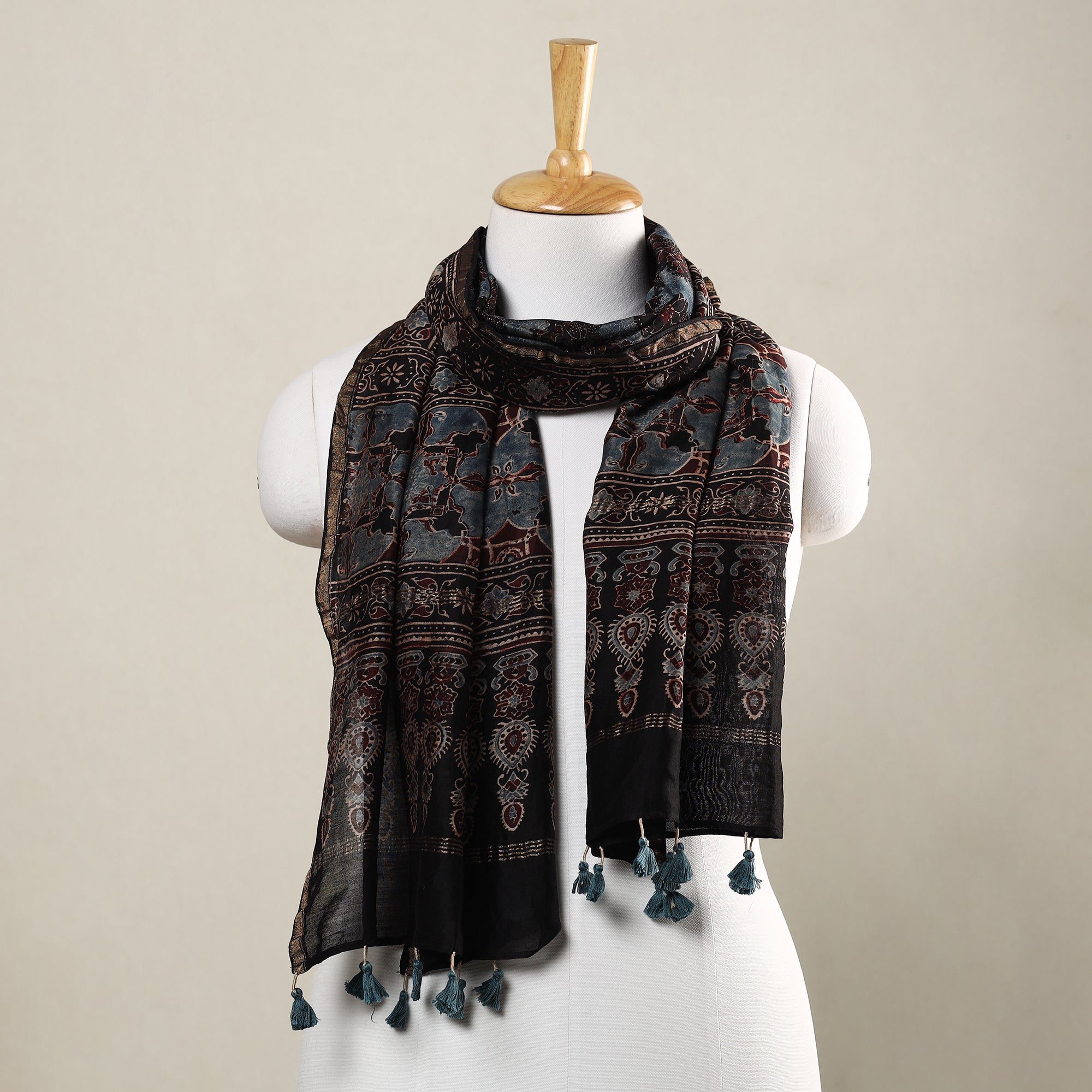 AJRAKH BY SUFIYAN ISMAIL KHATRI Black - Ajrakh Hand Block Printed Chanderi Silk Handloom Stole with Tassels