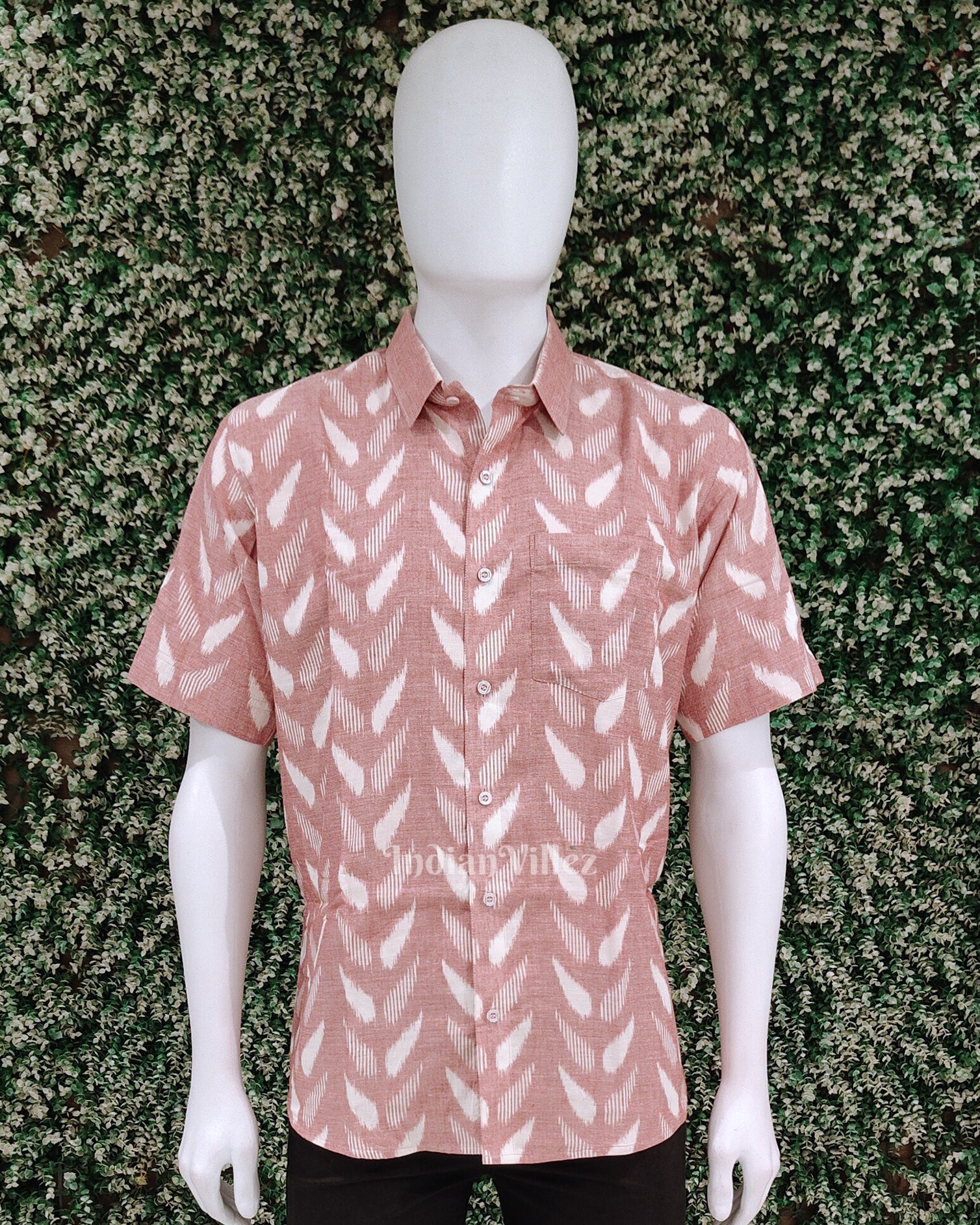 IndianVillèz White Pink Odisha Ikat Cotton Half Sleeve Shirt for Men