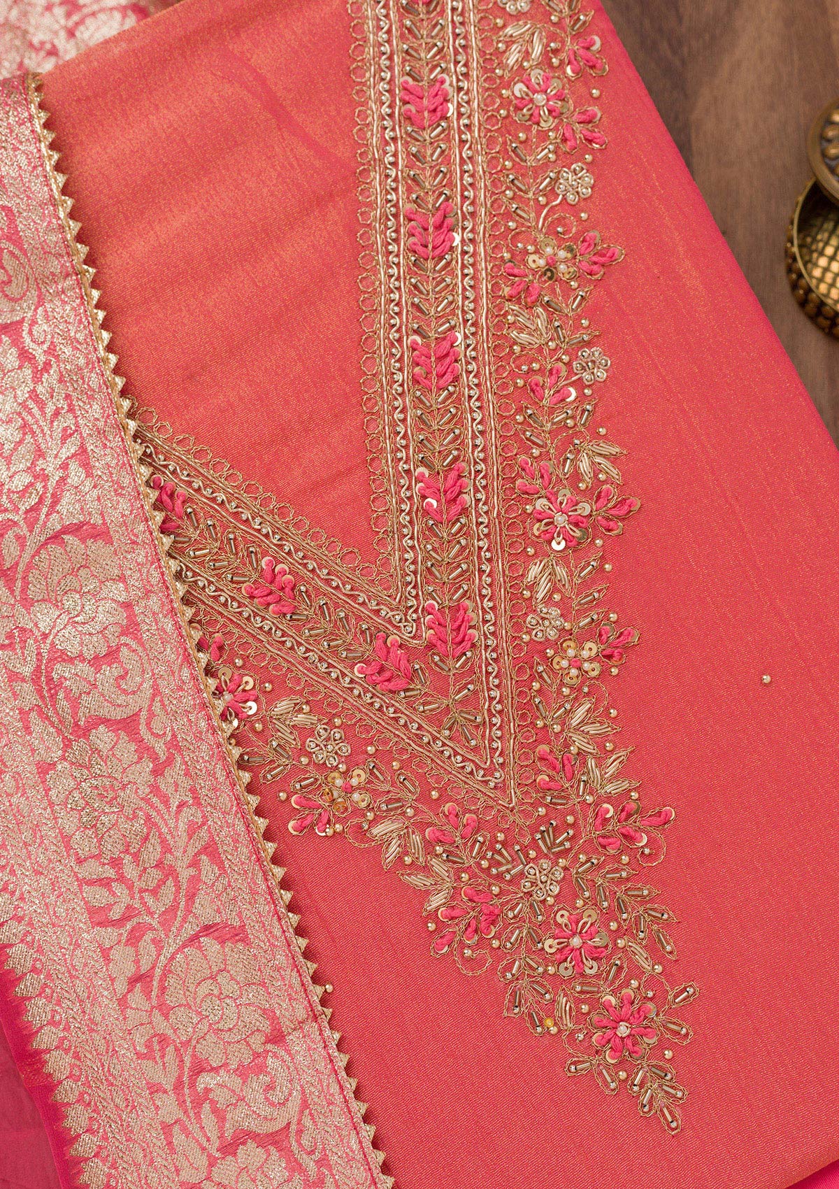 Koskii Peach Zariwork Raw Silk Unstitched Salwar Suit - view 2