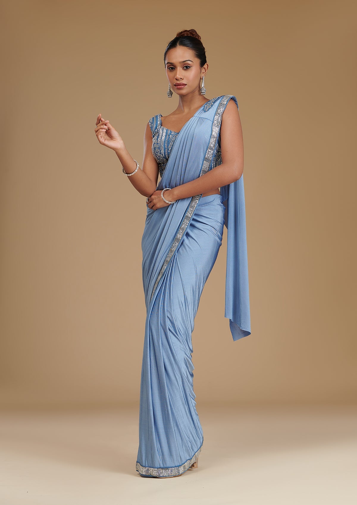 Koskii Grey Sequins Satin Readymade Saree – Women's - view 4
