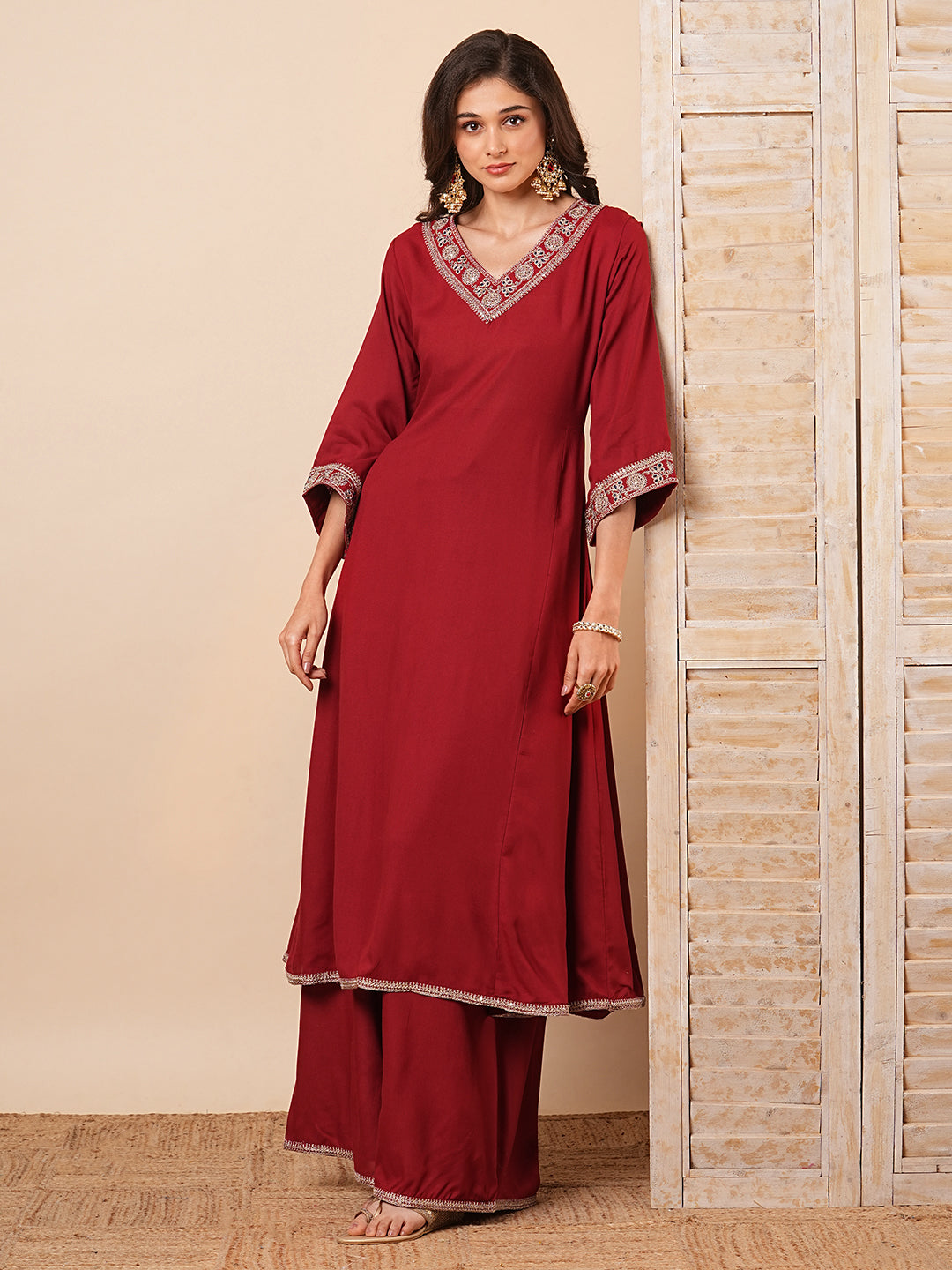 Fashor Solid Floral Embroidered Anarkali Kurta with Flared Palazzo- Maroon