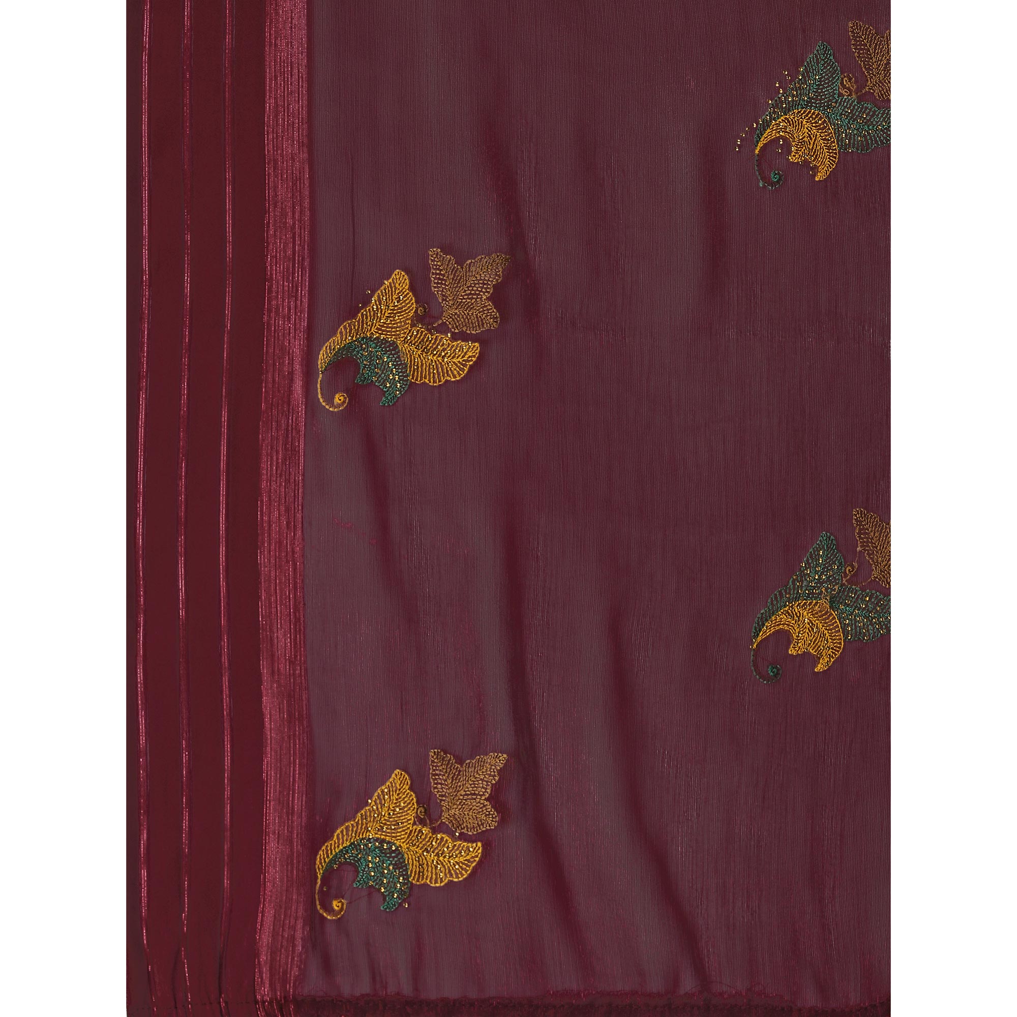Peachmode Maroon Floral Embroidered Chiffon Saree With With Tassels - view 8