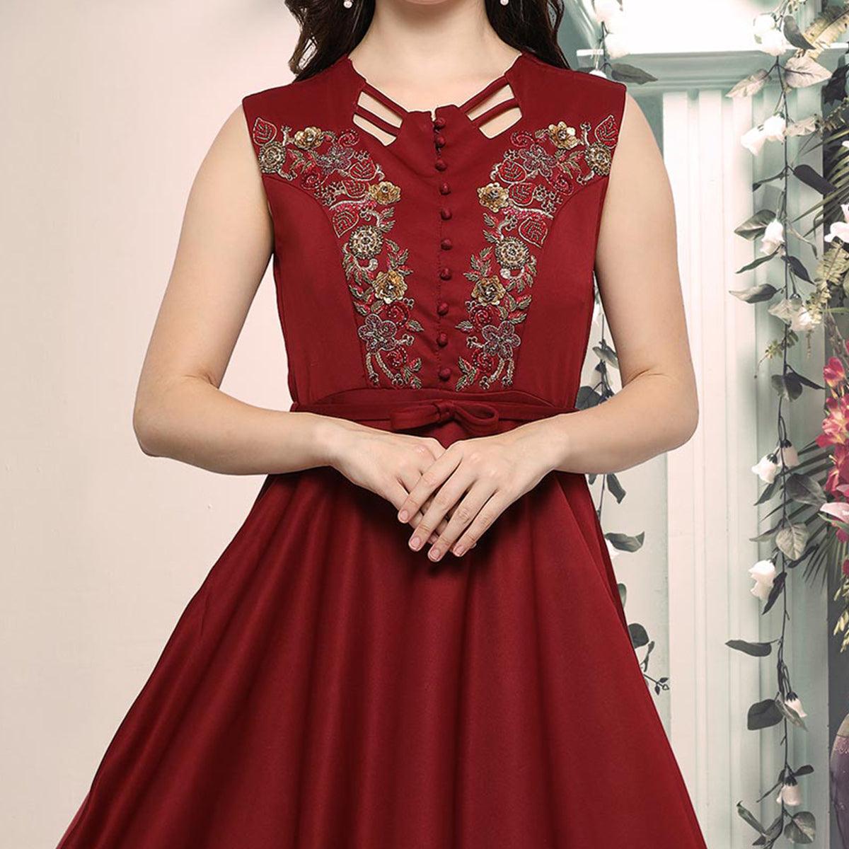 Peachmode Seller Maroon Designer Hand Embroidered Art Silk Gown - view 2