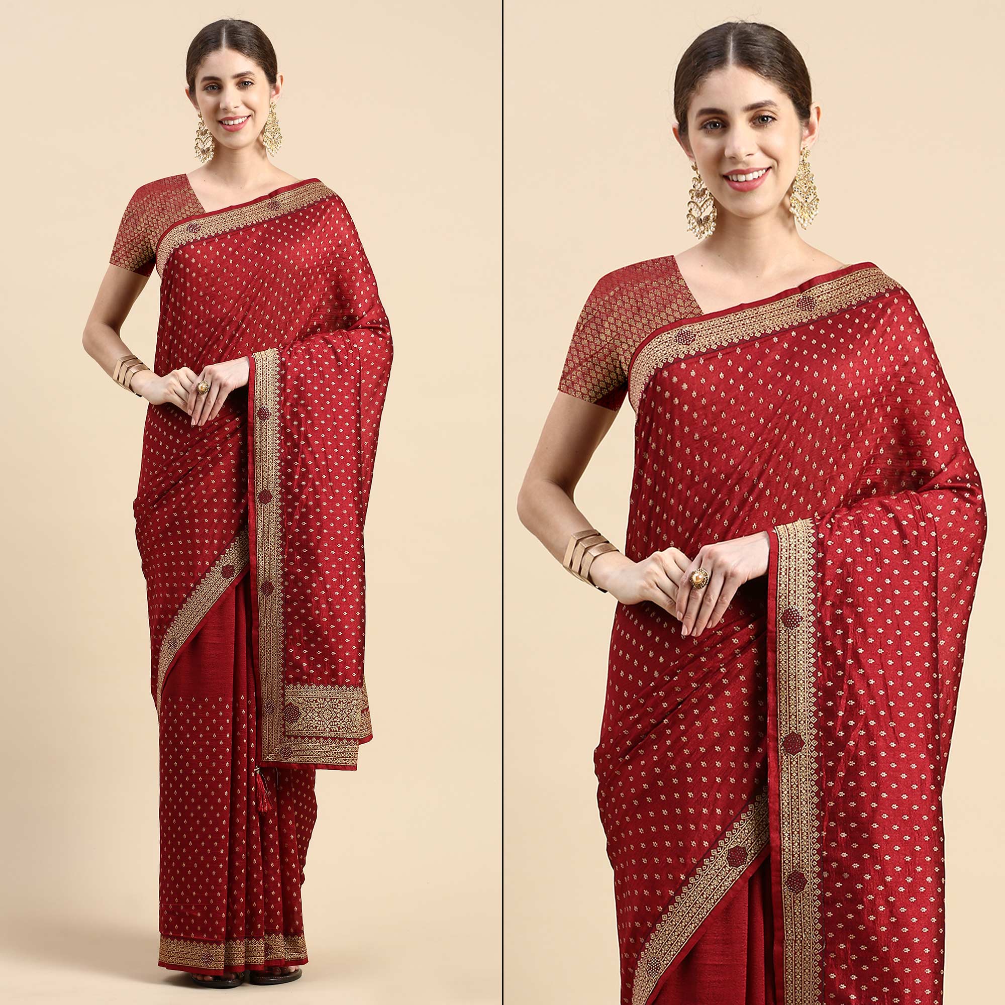 Peachmode Maroon Foil Printed With Swarovski Vichitra Silk Saree