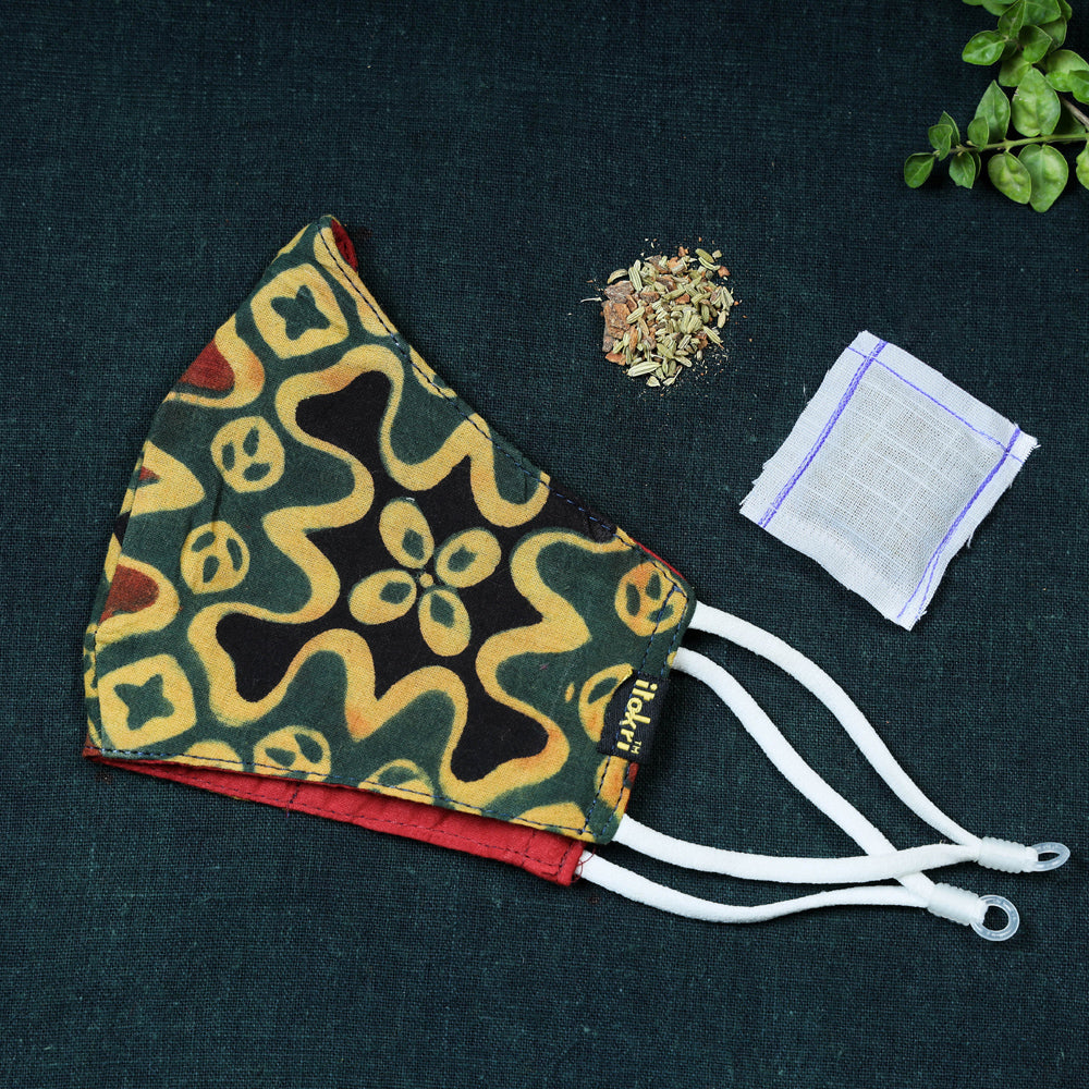 JALPARI Herb Pocket Ajrakh Block Print Cotton 3 Layer Snug Fit Face Cover