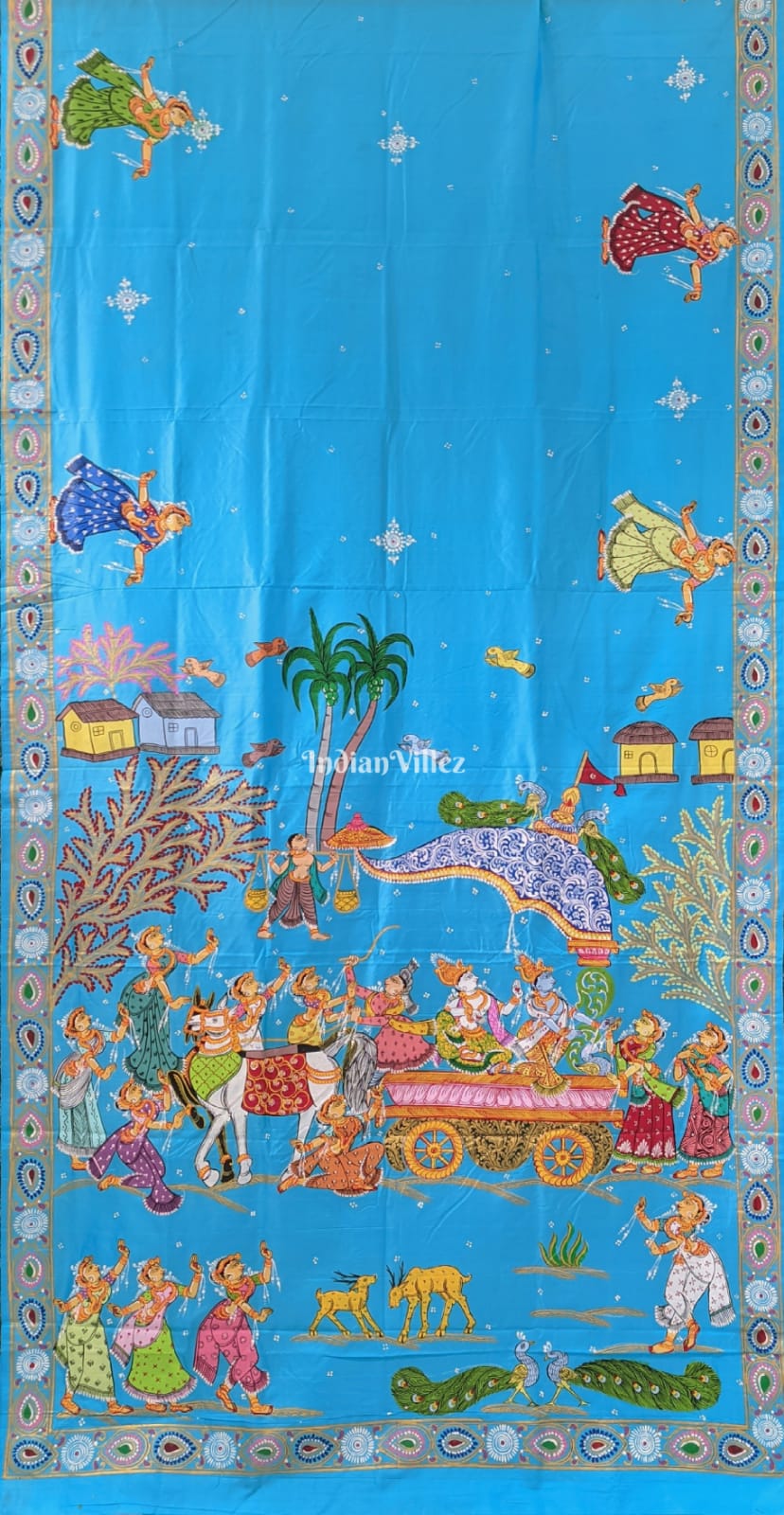 IndianVillèz Sky Blue Mathura Vijay Theme Pattachitra Saree