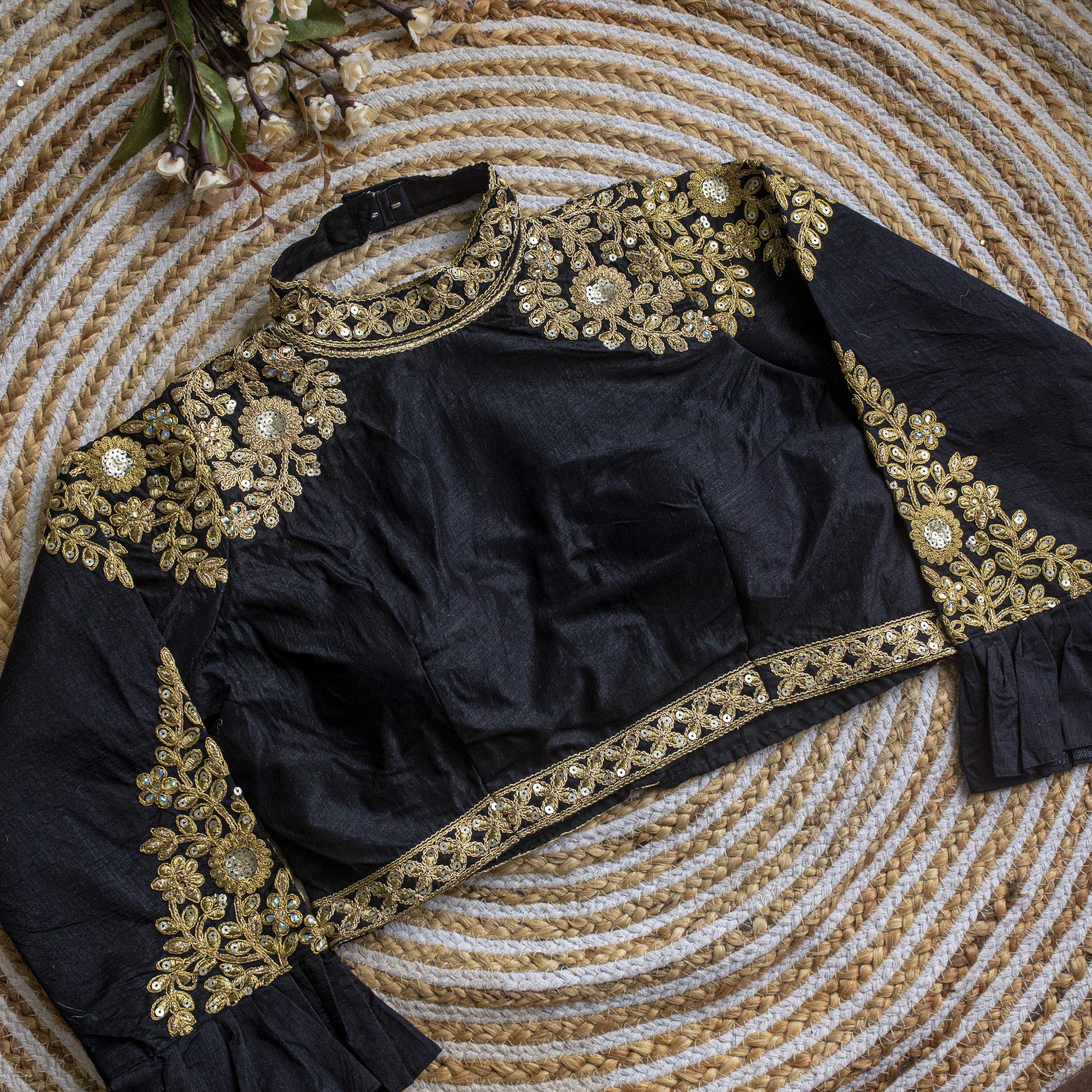 ClothsVilla Black Golden Sequence Embroidered Blouse in glossy silk