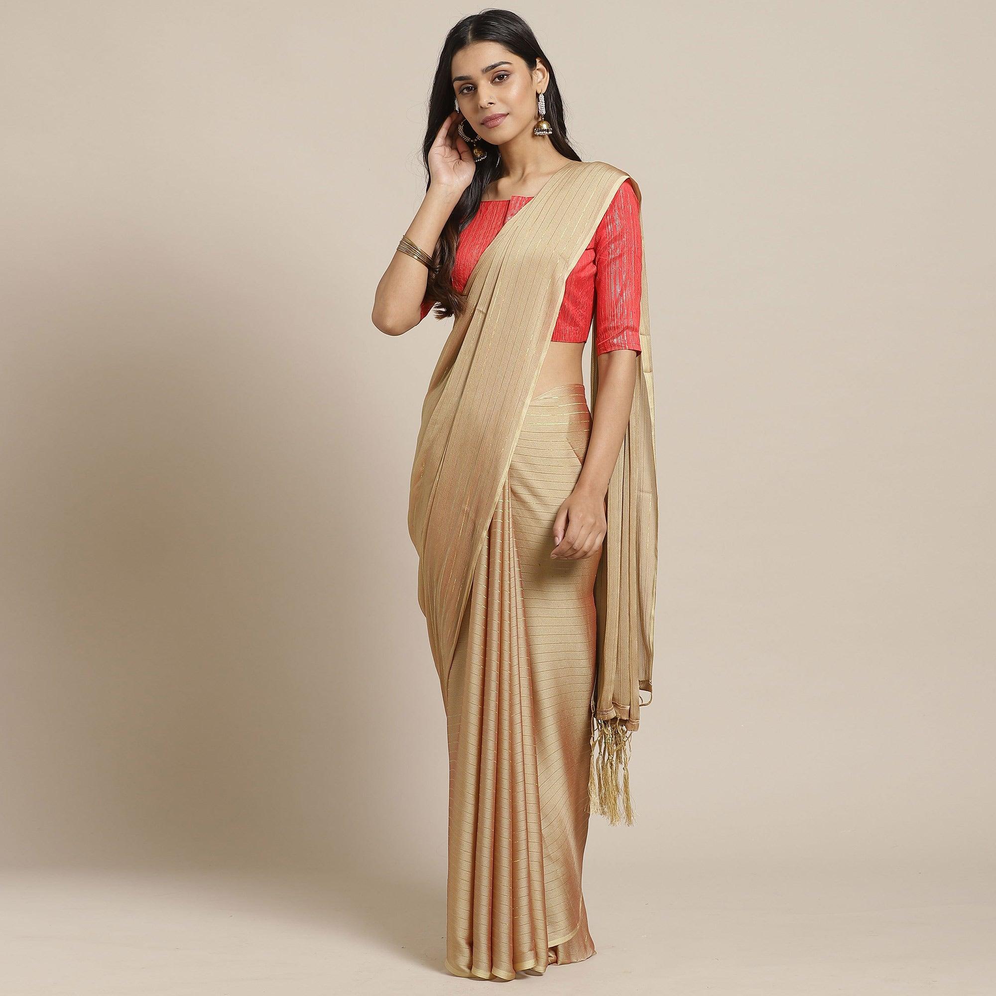 Peachmode Captivating Beige Colored Casual Wear Printed Poly Georgette Saree