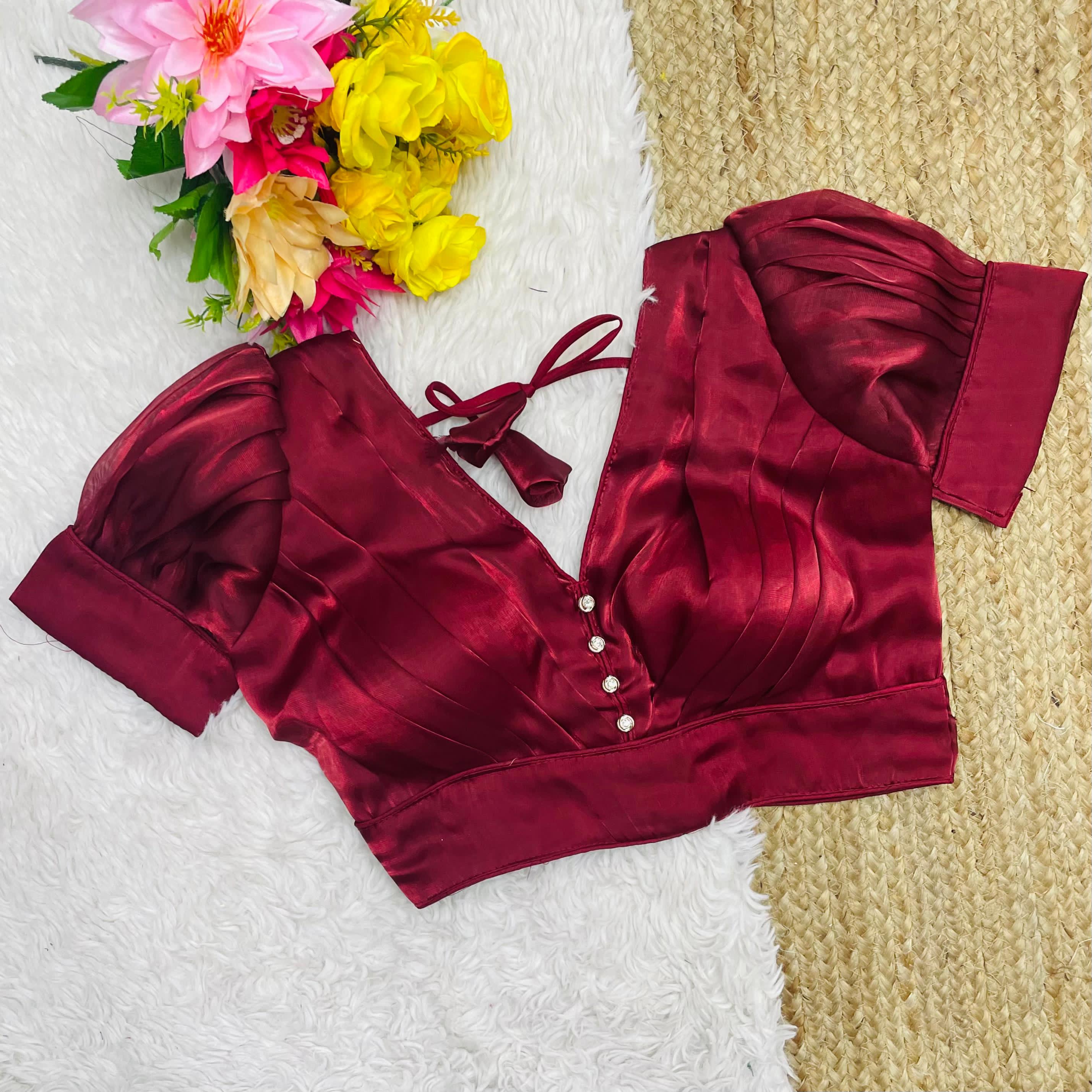 ClothsVilla Maroon Glamorous Ruffled Metallic Jimmy Choo Blouse