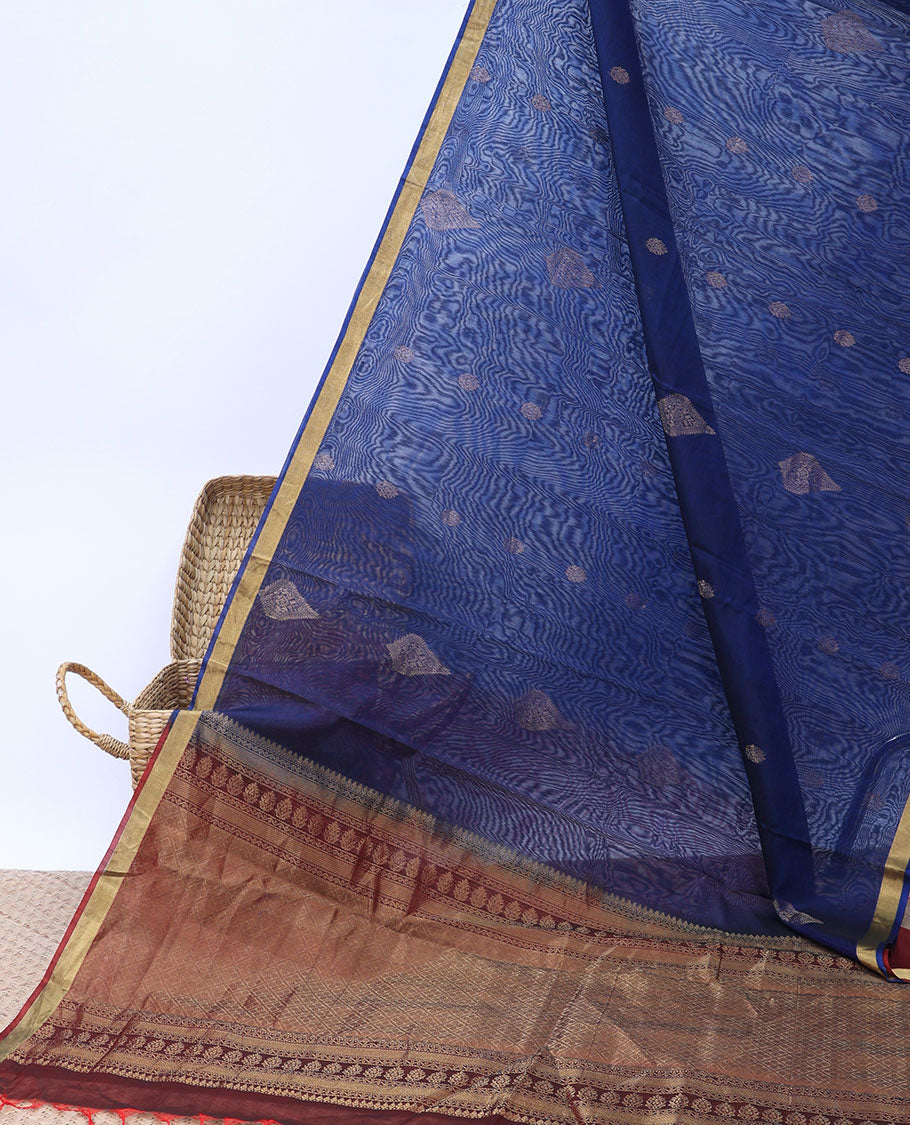 Pothys Blue silk cotton saree with zari buttas, bavanji zari border & contrast pallu of jaal designs - view 2