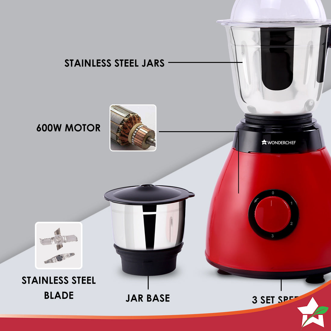 Wonderchef Renewed Vesper Mixer Grinder | 3 Jars | 600W - view 3