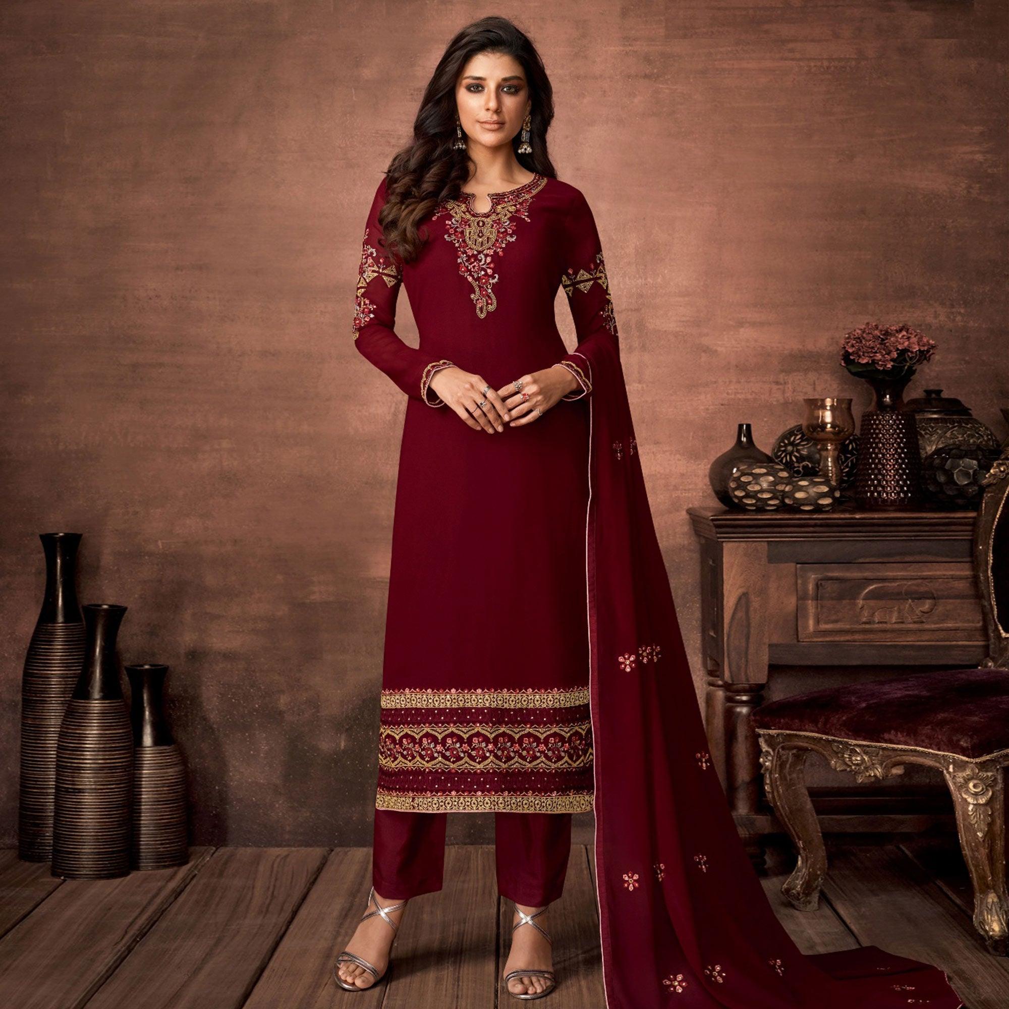 Maroon embroidered embellished – Peachmode Maroon Embroidered With Embellished Georgette Salwar Suit