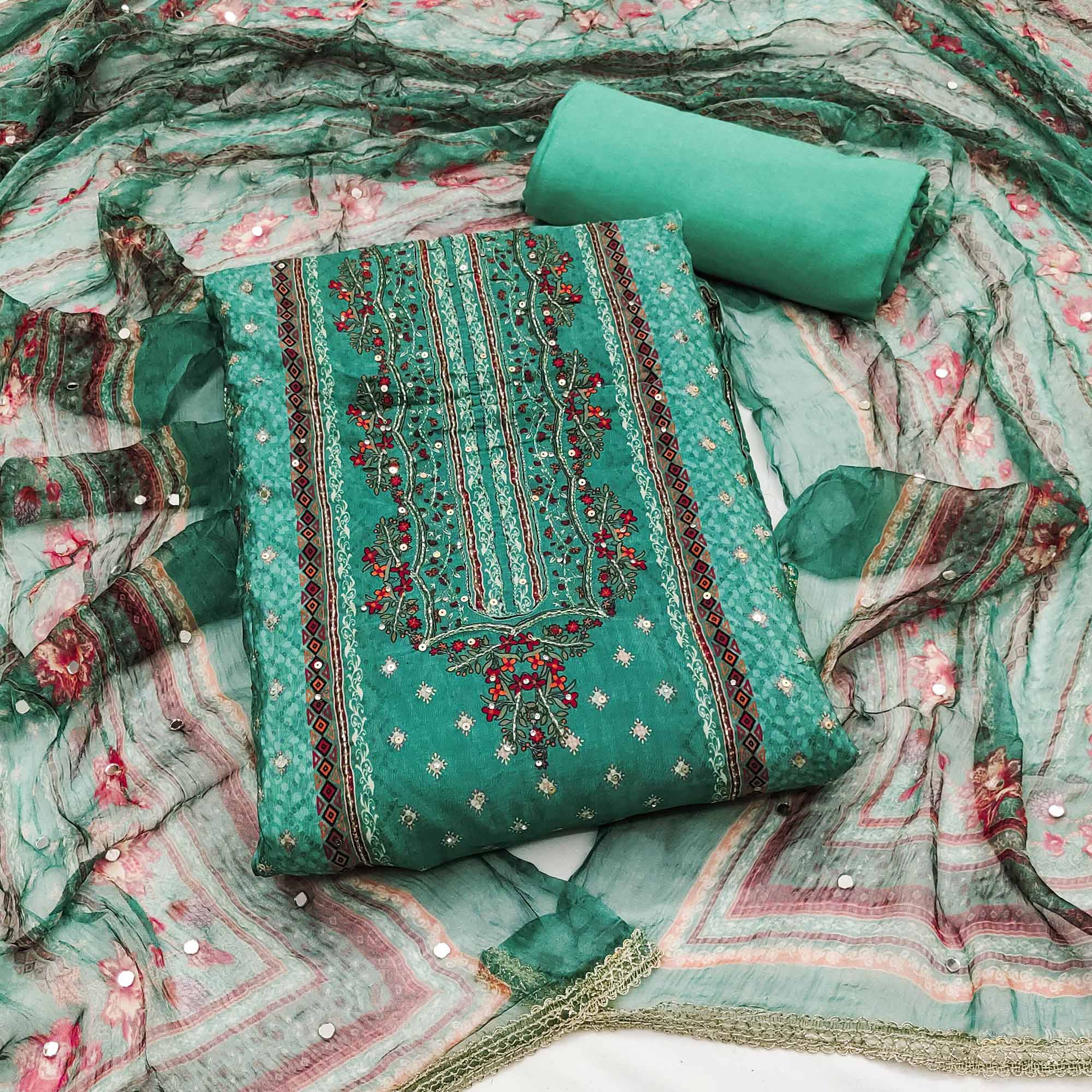 Peachmode Rama Green Embroidered With Printed Work Crepe Dress Material