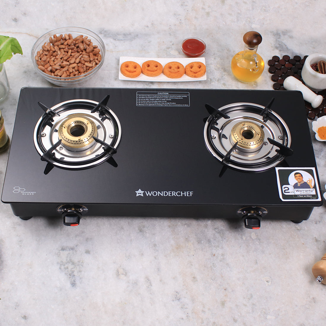 Wonderchef Ruby 2 Burner Glass Cooktop, Black Toughened Glass