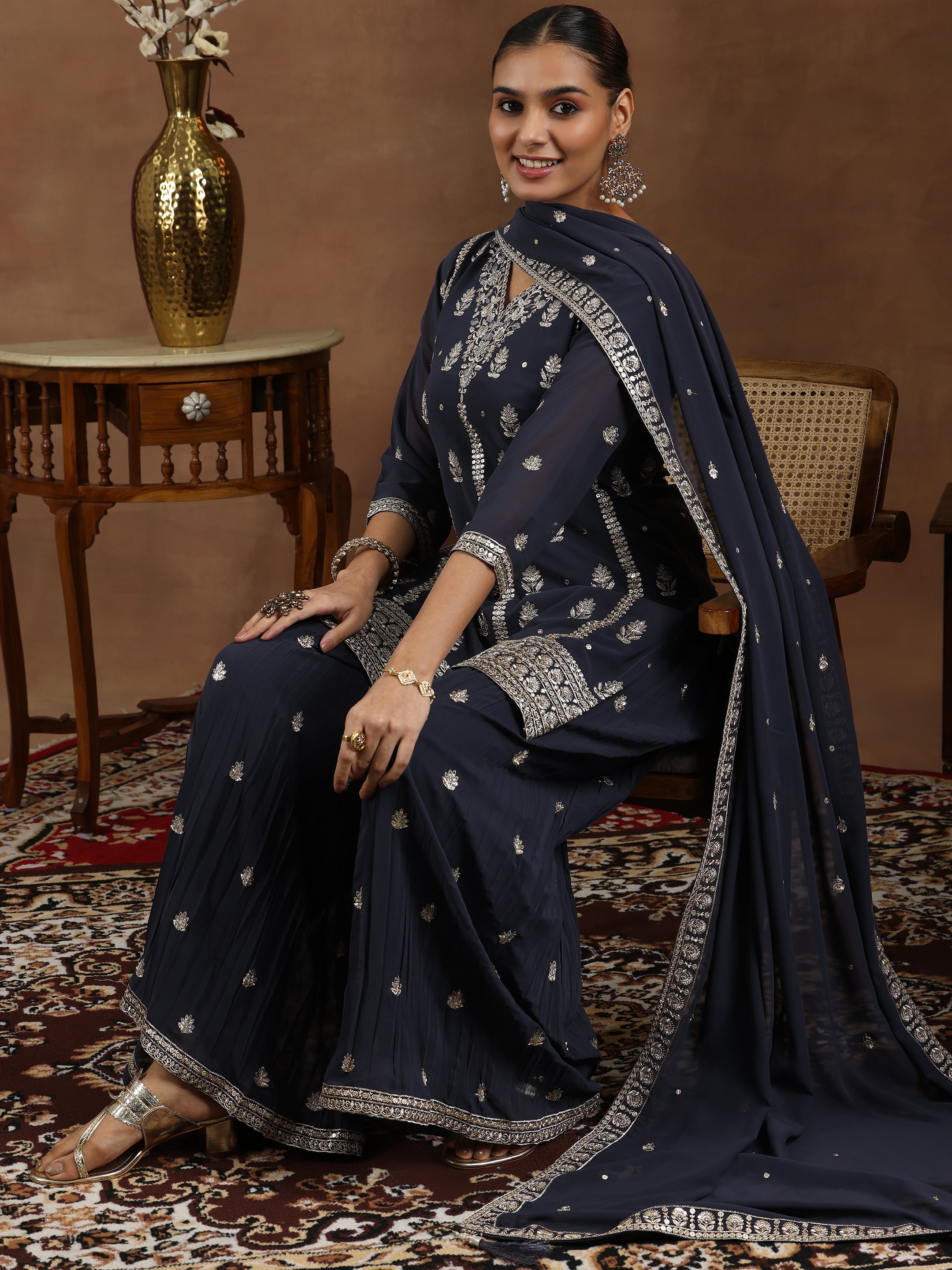 Libas Grey Embroidered Georgette Straight Suit With Dupatta