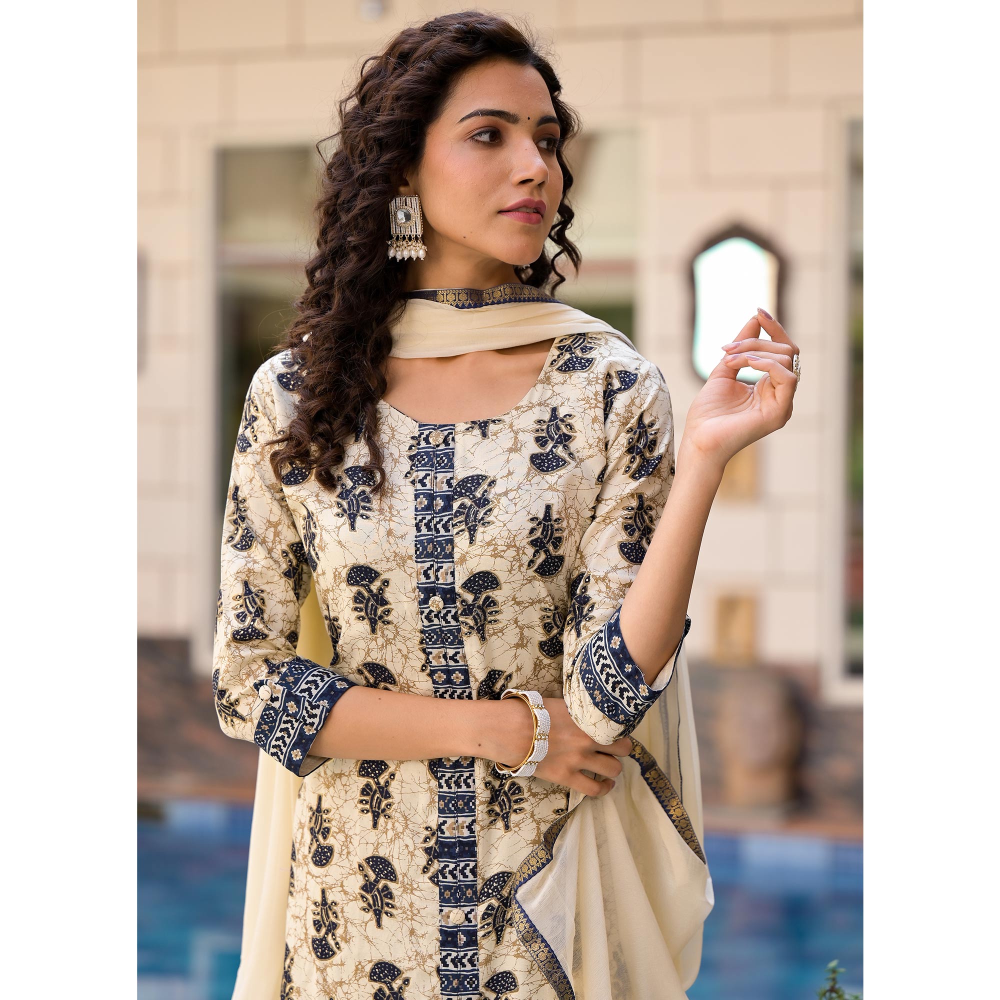 Peachmode Chikoo & Navy Blue Floral Foil Printed Rayon A-Line Salwar Suit - view 9