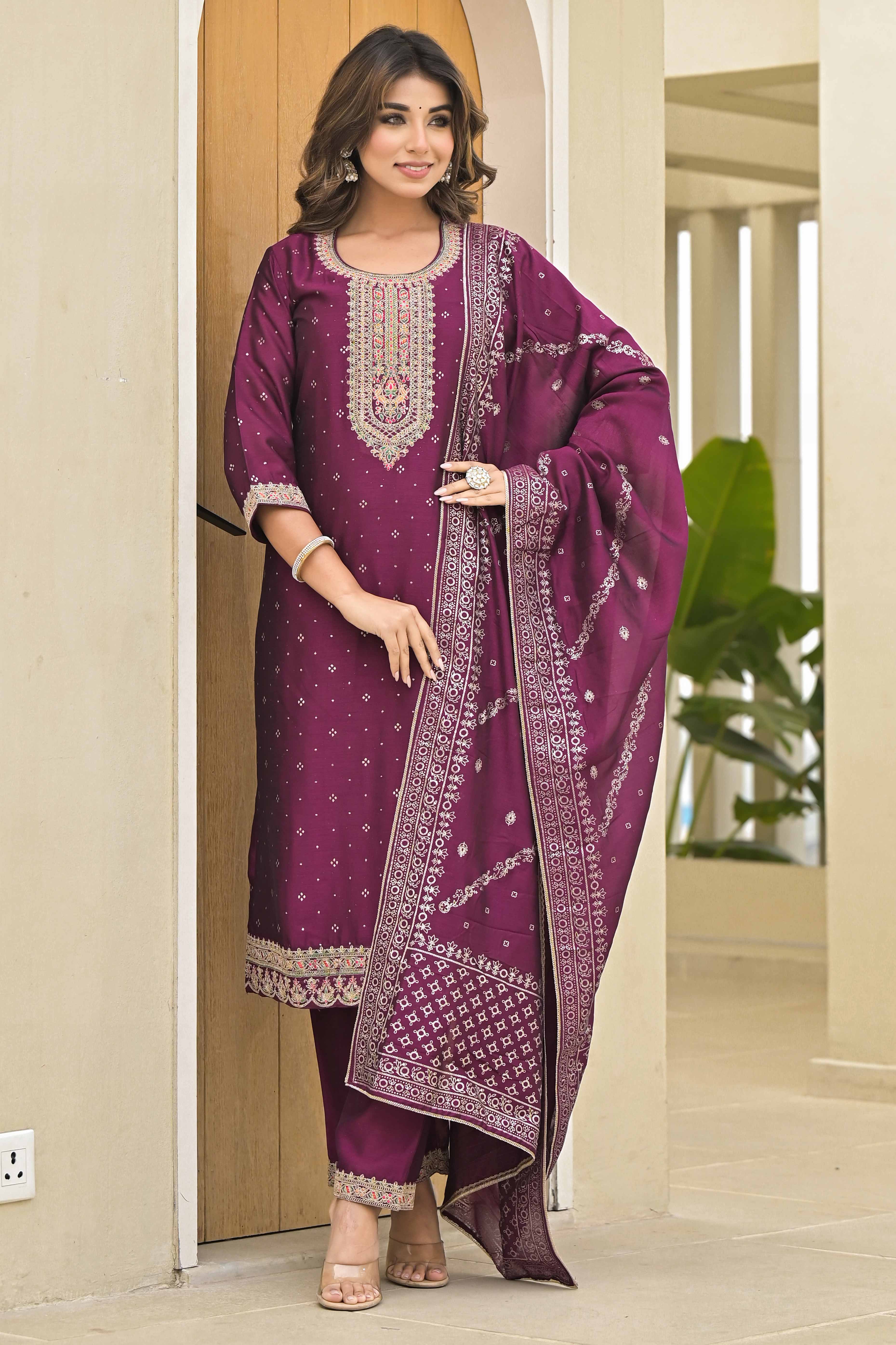 Peachmode Dark Purple Golden Embroidered Vichitra Silk Salwar Suit - view 4