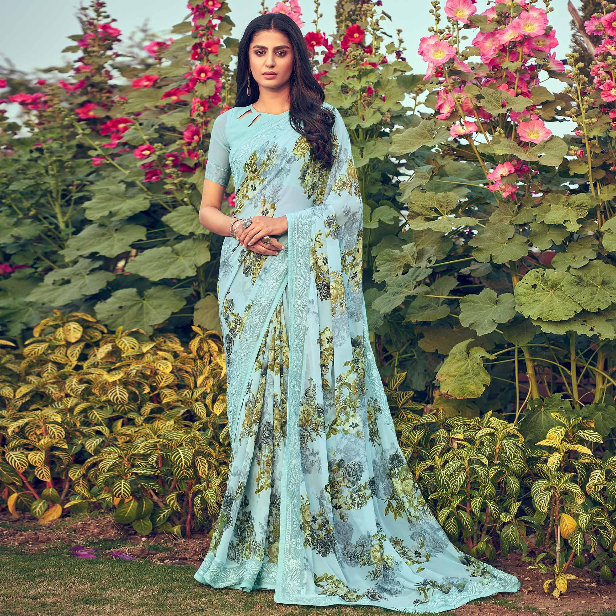 Peachmode Light Blue Floral Printed Georgette Saree