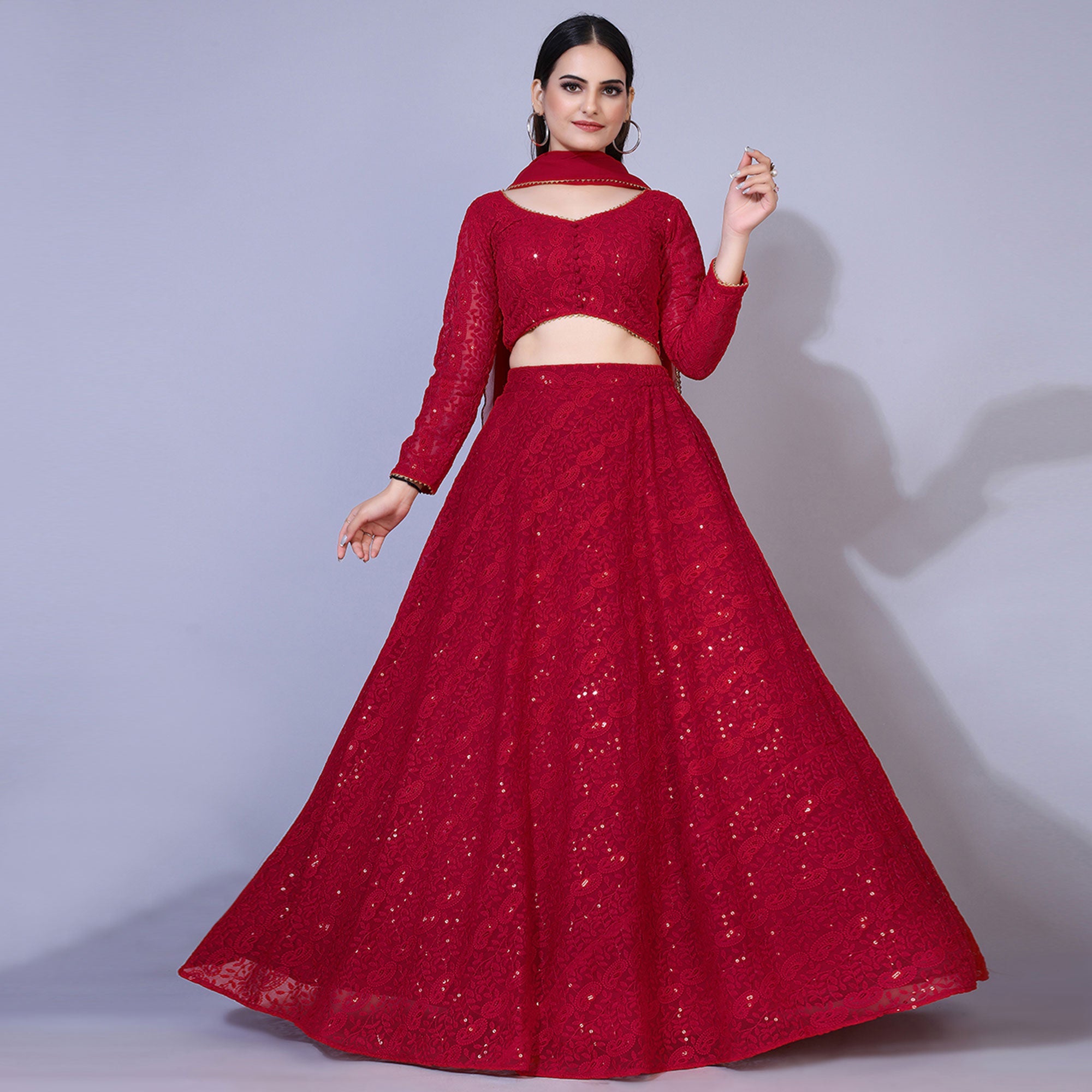 Peachmode Seller Dark Red Lucknowi Chikankari Work Georgette Lehenga Choli
