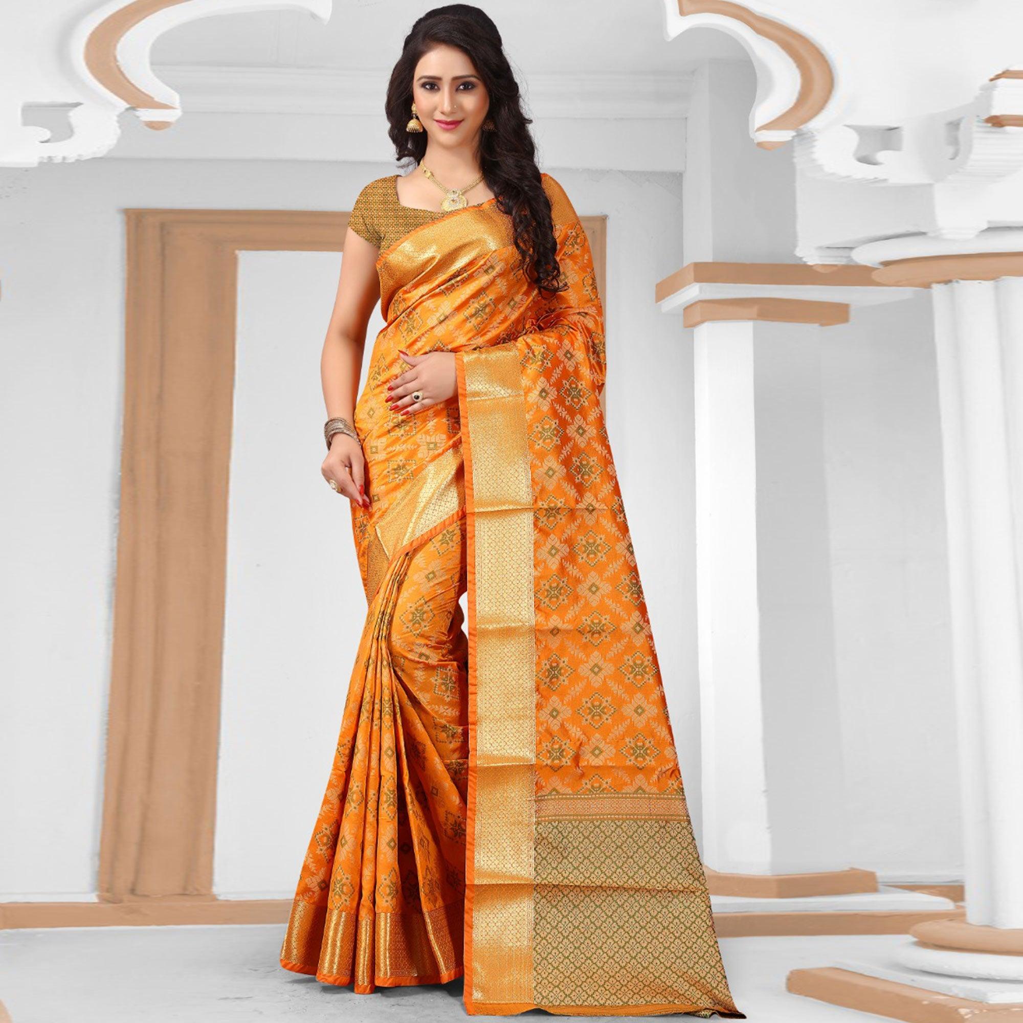 Peachmode Classy Orange Colored Festive Wear Woven Banarasi Silk Saree