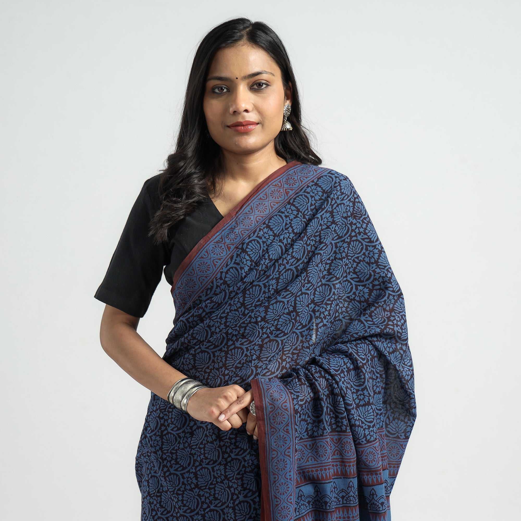 BAGH PRINTS BY YAKOOB KHATRI Blue - Bagh Hand Block Printed Cotton Saree - view 4