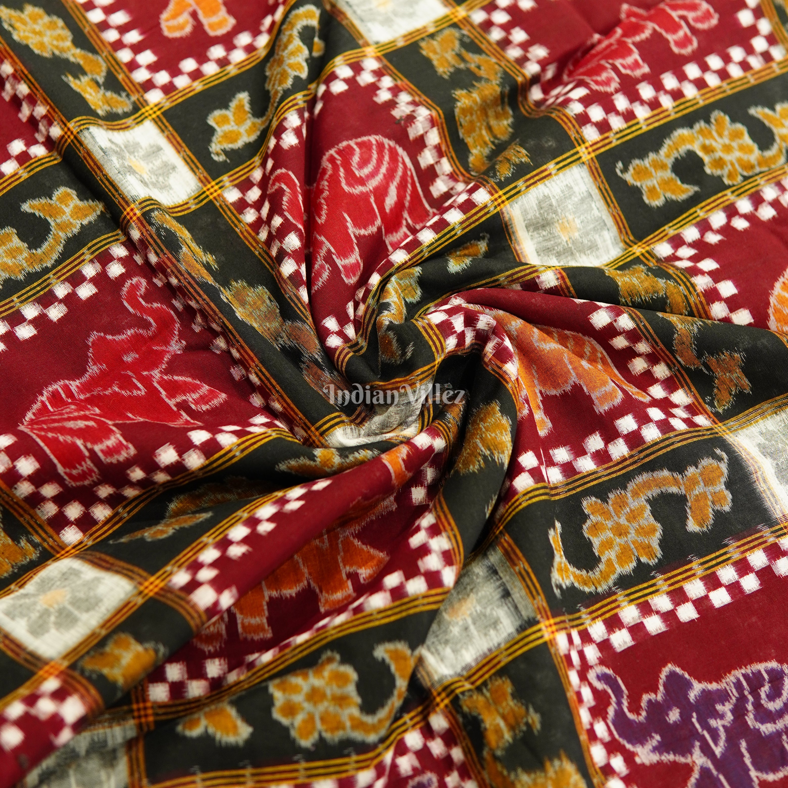 IndianVillèz Black & Maroon Elephant Print Sambalpuri Ikat Cotton Fabric